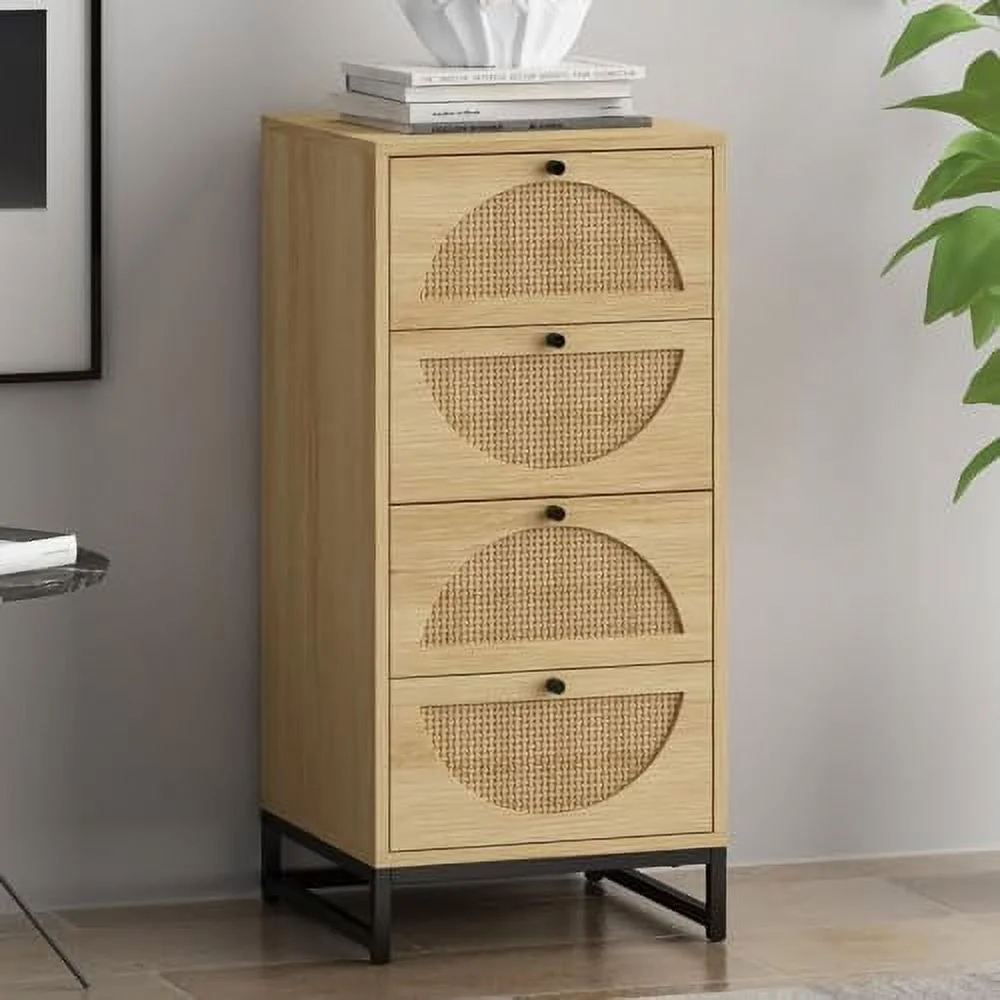 WTYNKAE Natural Rattan 4 Drawer Dresser  Tall Rattan Cabinet with Metal Base  Rattan Cabinet  Tower  Wooden Bedside Table  Sofa Table  Entrance Hallway Shoe Cabinet  for Living Room Hallw