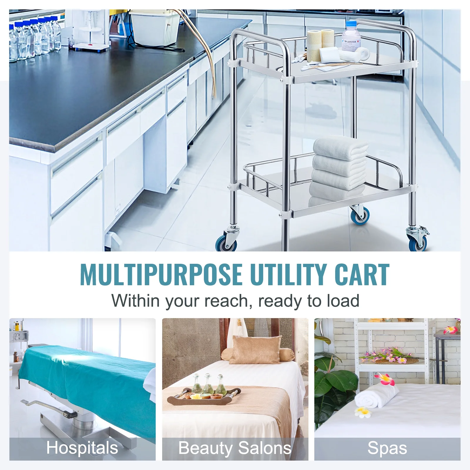 SKYSHALO 2 wheeled laboratory carts, stainless steel rolling carts, medical dental laboratory carts, high polished stainless steel practical carts, 2 lockable wheels for fixation.
