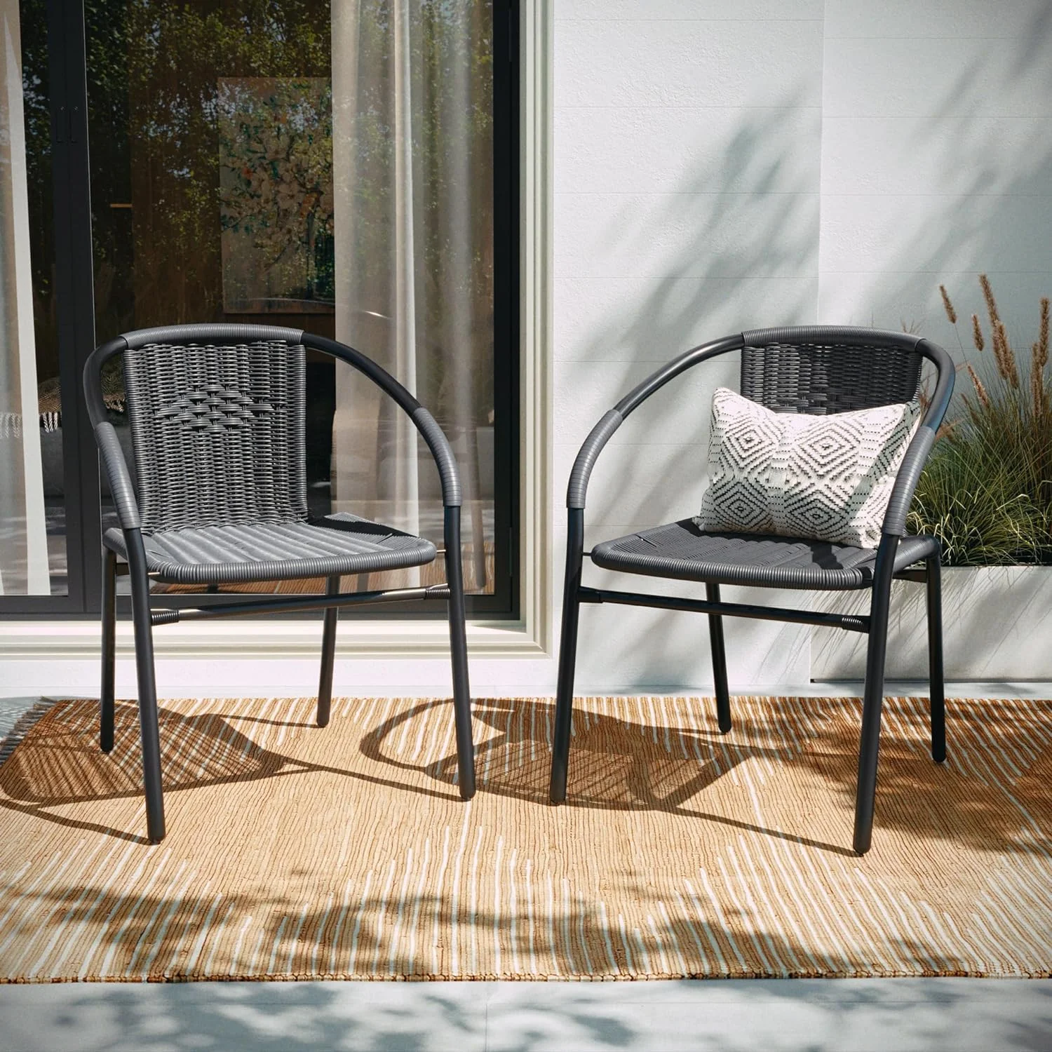 2-Pack Gray Rattan Stackable Chairs: Indoor-Outdoor Restaurant Seating with Curved Back