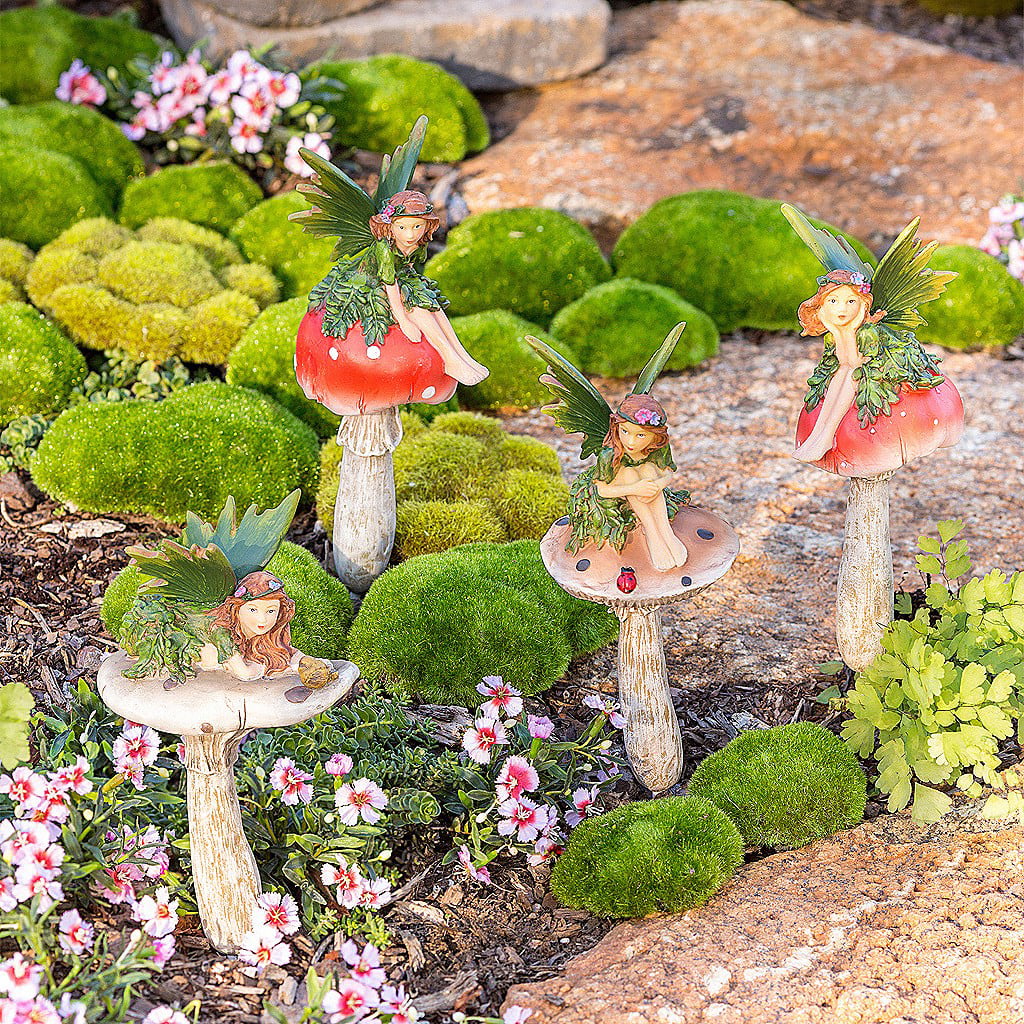 Evergreen Fairy On Mushrooms with Bird Garden Stakes