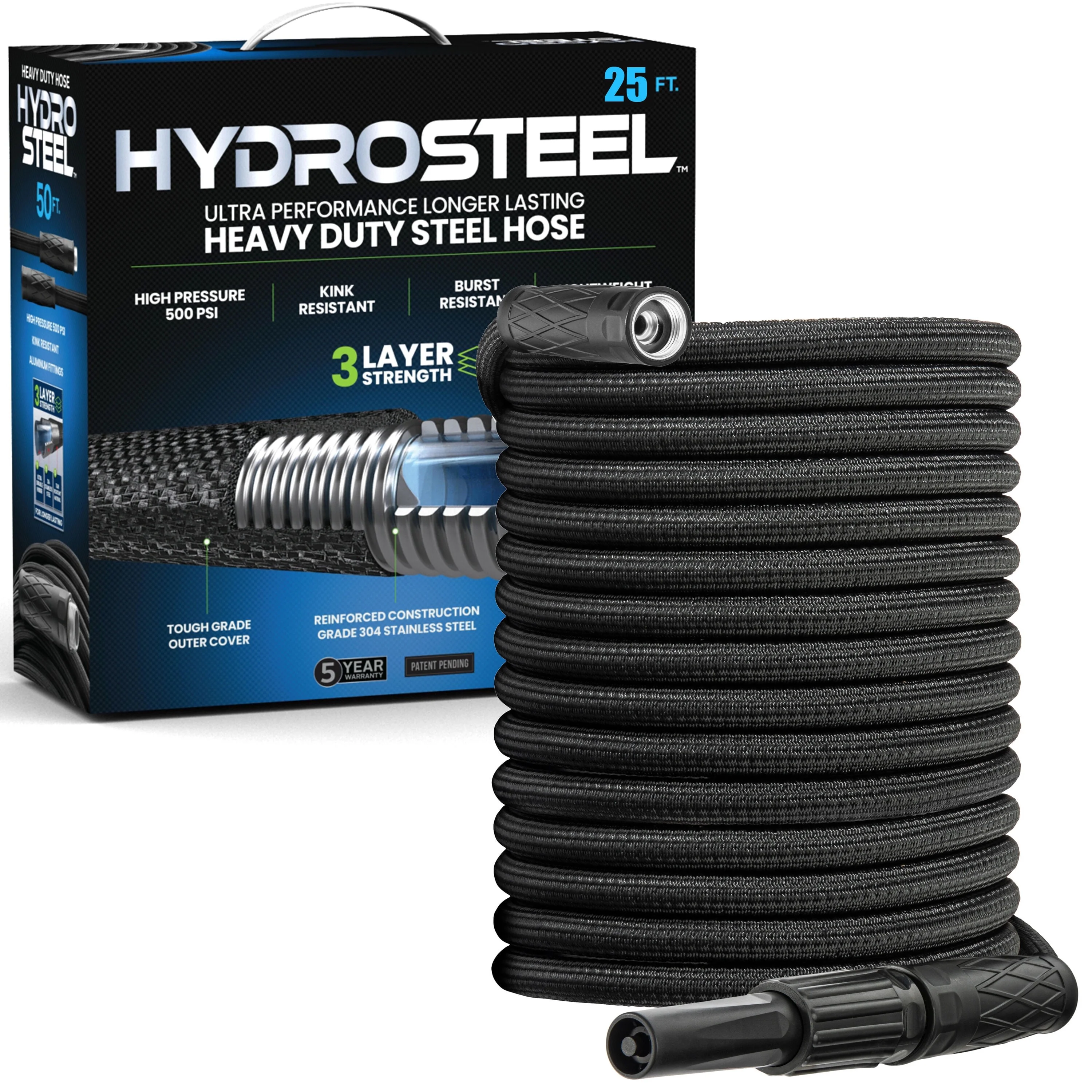 Hydrosteel Garden Hose Heavy Duty Steel Hose Triple Layered Water Hose 25ft