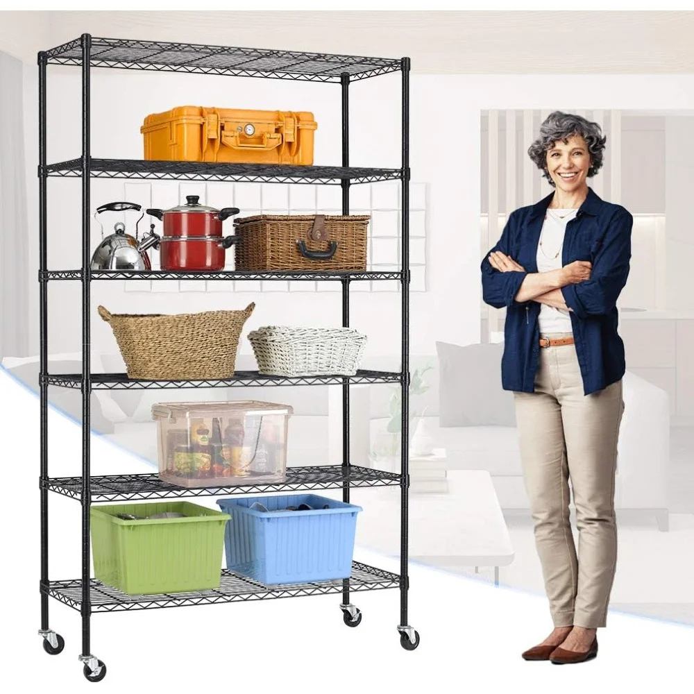 18x48x72 Inch Commercial Wire Shelving Unit with Wheels 6 Tier Heavy Duty Layer Rack Storage Metal Shelf Garage Organizer Wire Rack Shelving Adjustable Utility 2100 LBS Capacity with Casters,Black