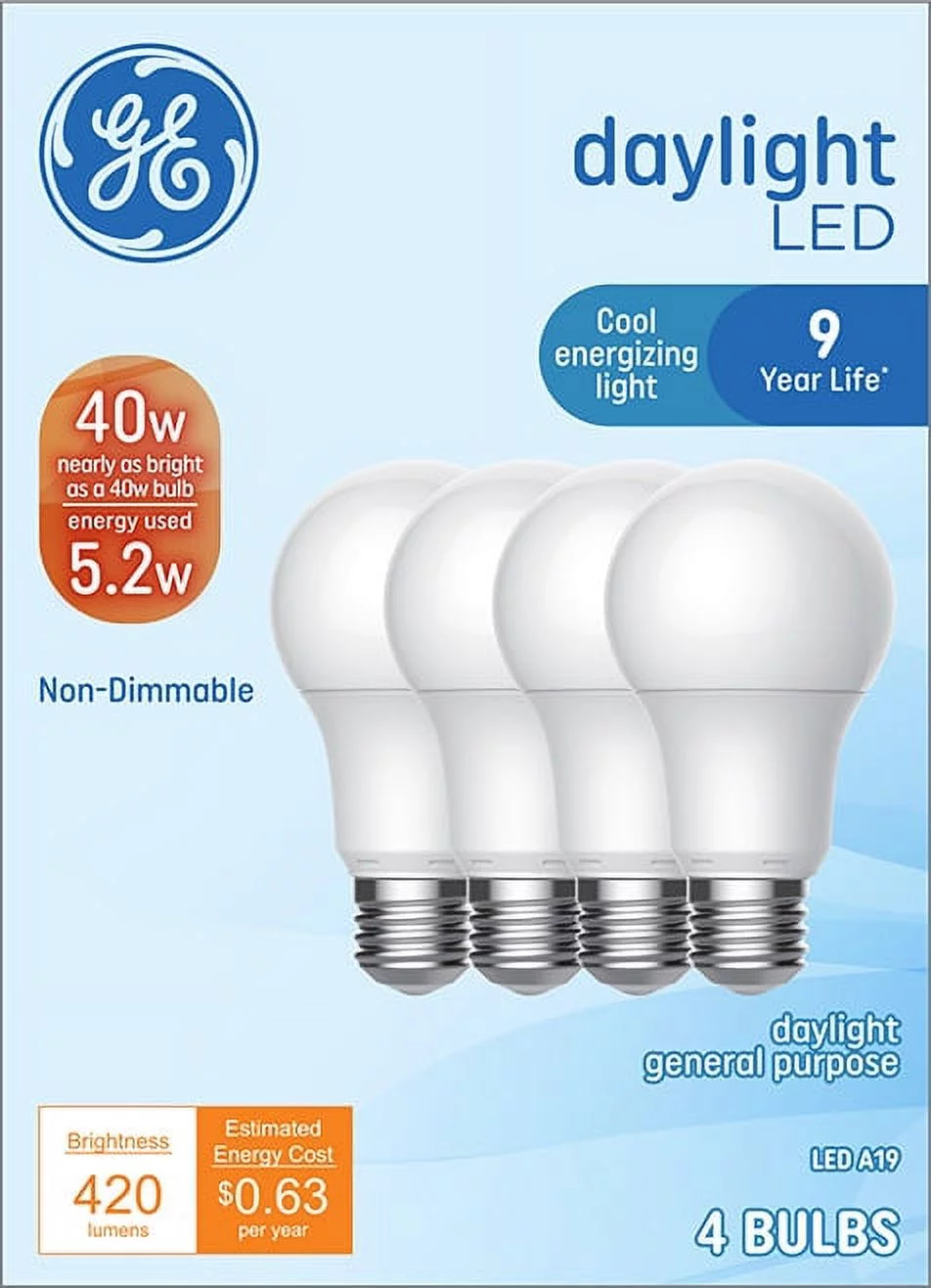 GE Basic LED Light Bulbs 5.2 Watt (40 Watt Equivalent) Daylight, A19 Bulb Shape, Medium Base (4 Pack)