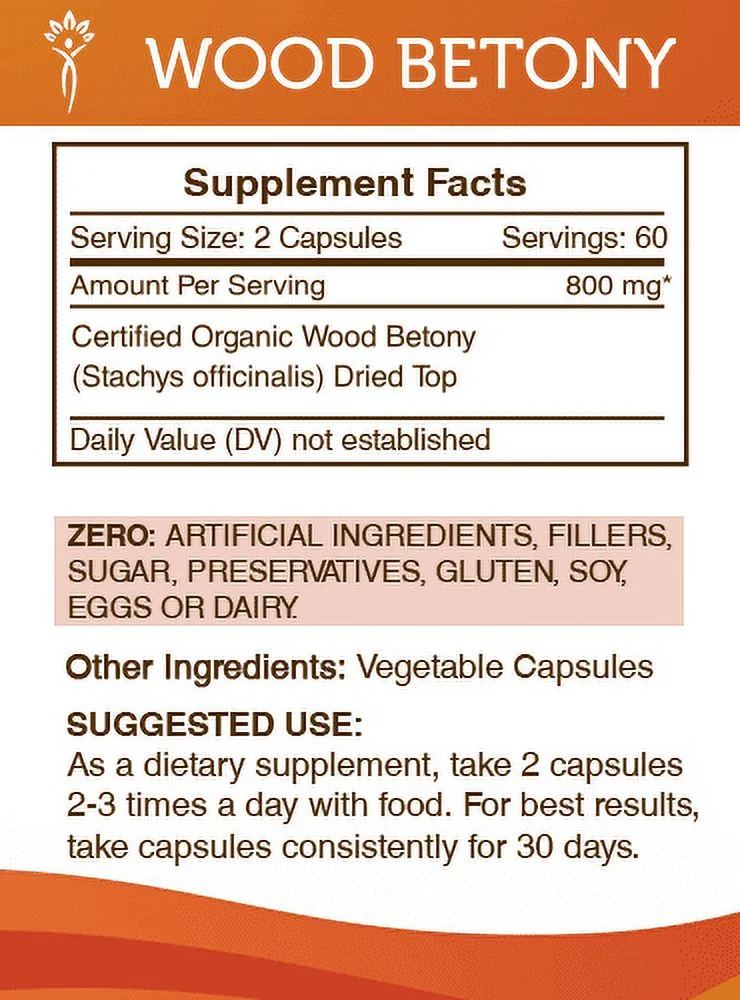 Secrets of the Tribe Wood Betony 120 Capsules, 400 mg, Organic Wood Betony (Stachys officinalis) Dried Top