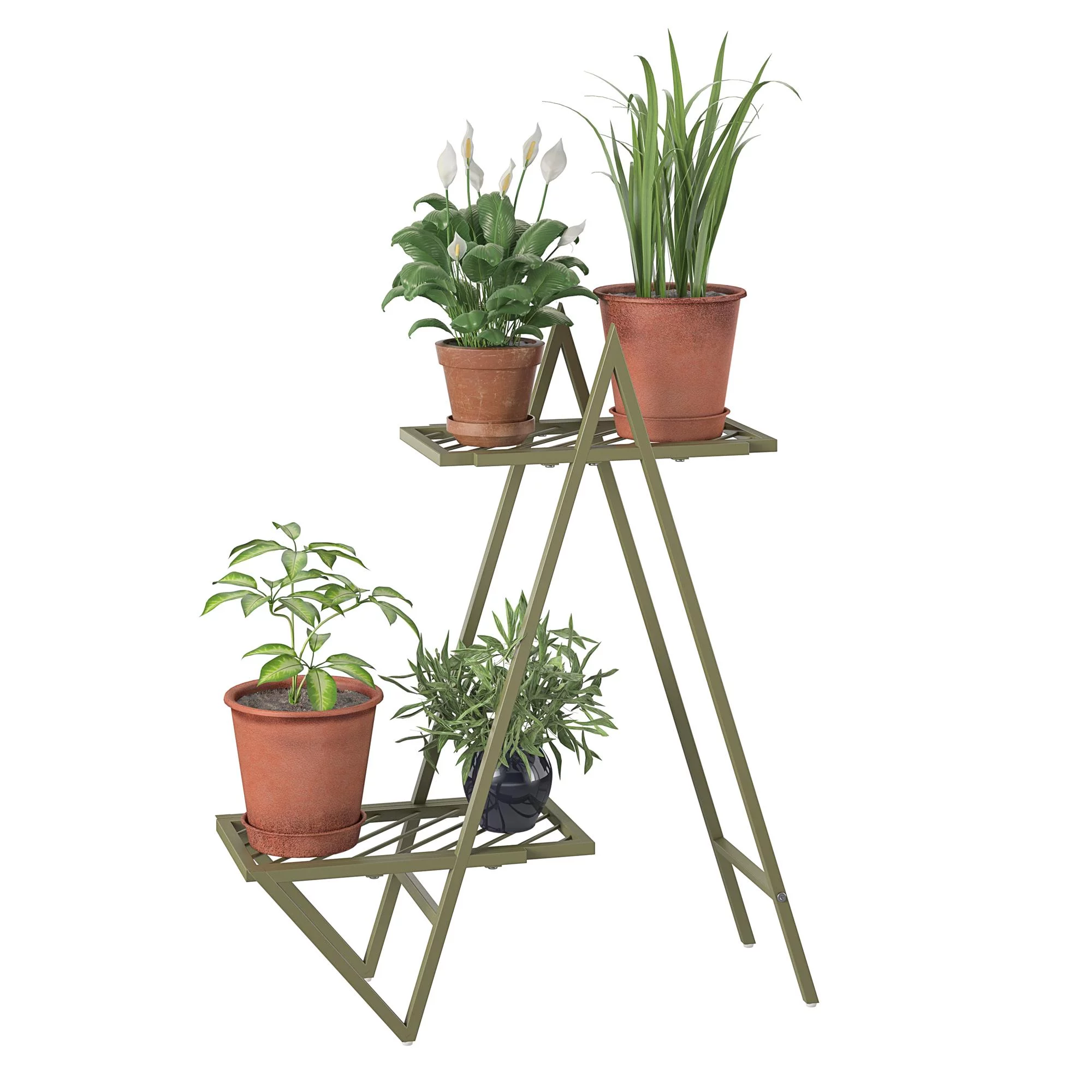 RealRooms Botanika Plant Stand with 2 Metal Shelves for Potted Flowers, Olive Green
