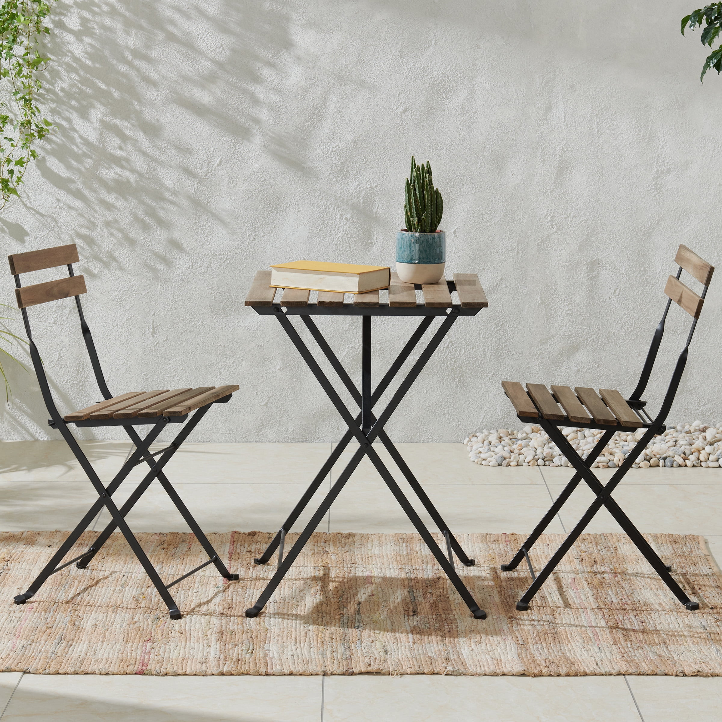 Lavish Home Folding Patio Bistro Set – 3-Piece Acacia Wood and Steel Café Table and Chairs, Brown