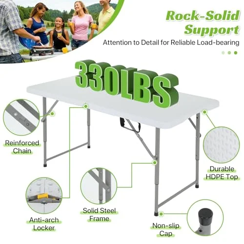 Folding Table 4 Foot Height Adjustable Foldable Table with Carrying Handle, Lightweight Plastic Table for Camping, Picnic, Party, BBQ, Outdoor Folding Table Fold-in-Half, White