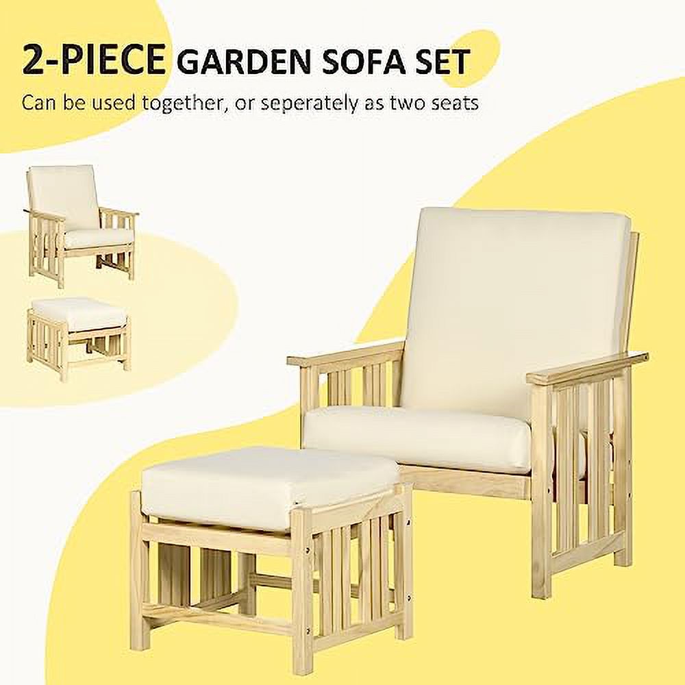 Outsunny 2-Piece Patio Furniture Set with 1 Armrest Single Chair and an Ottoman, Outdoor Wooden Chair with 4