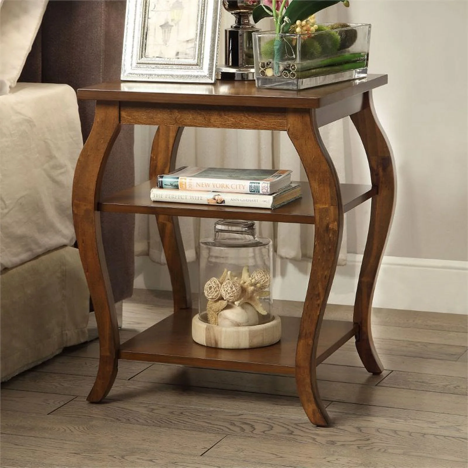 Home Square 2-Piece Furniture 2-Shelves Wood End Table Set in Walnut