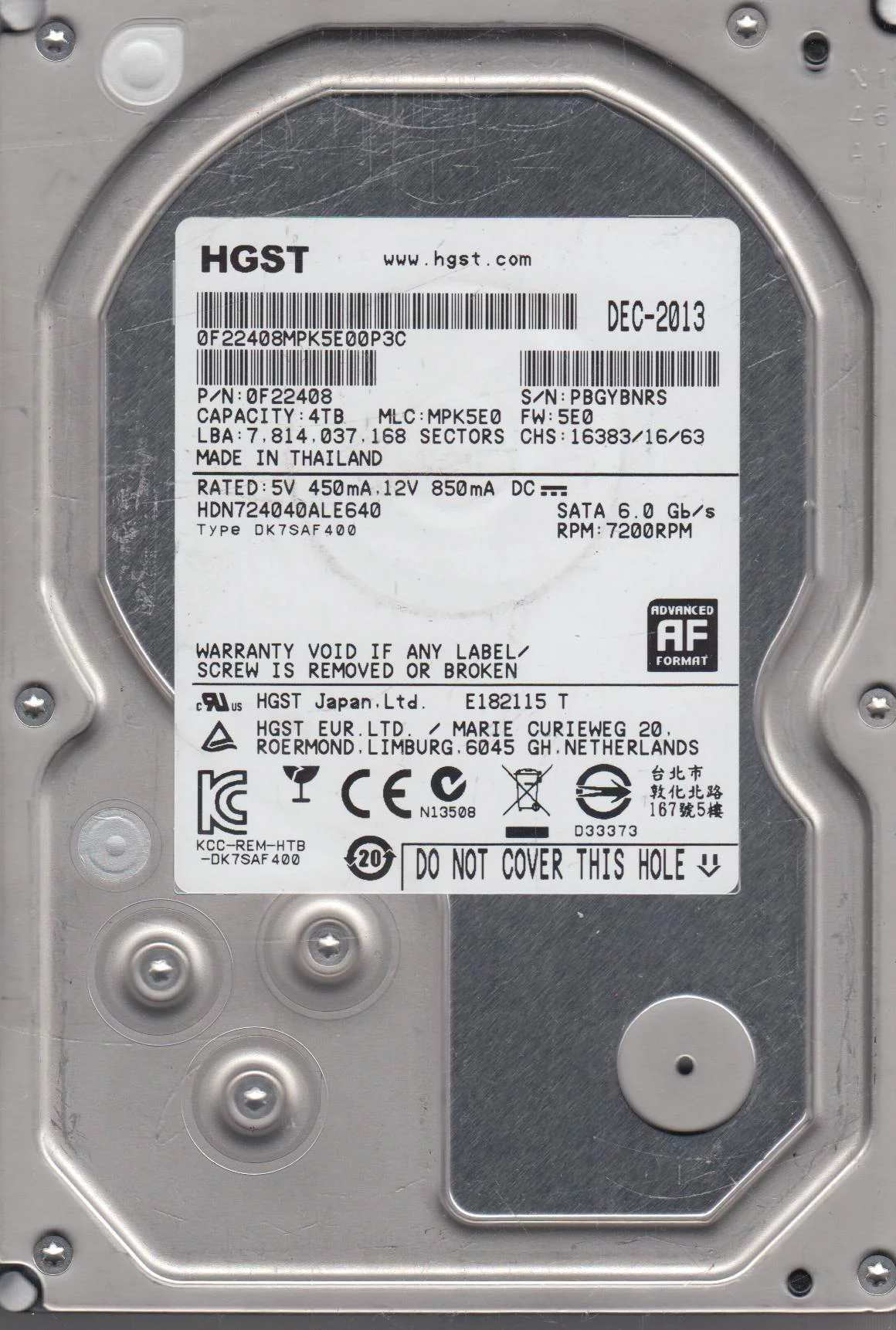 HDN724040ALE640, PN 0F22408, MLC MPK5E0, Hitachi 4TB SATA 3.5 Hard Drive