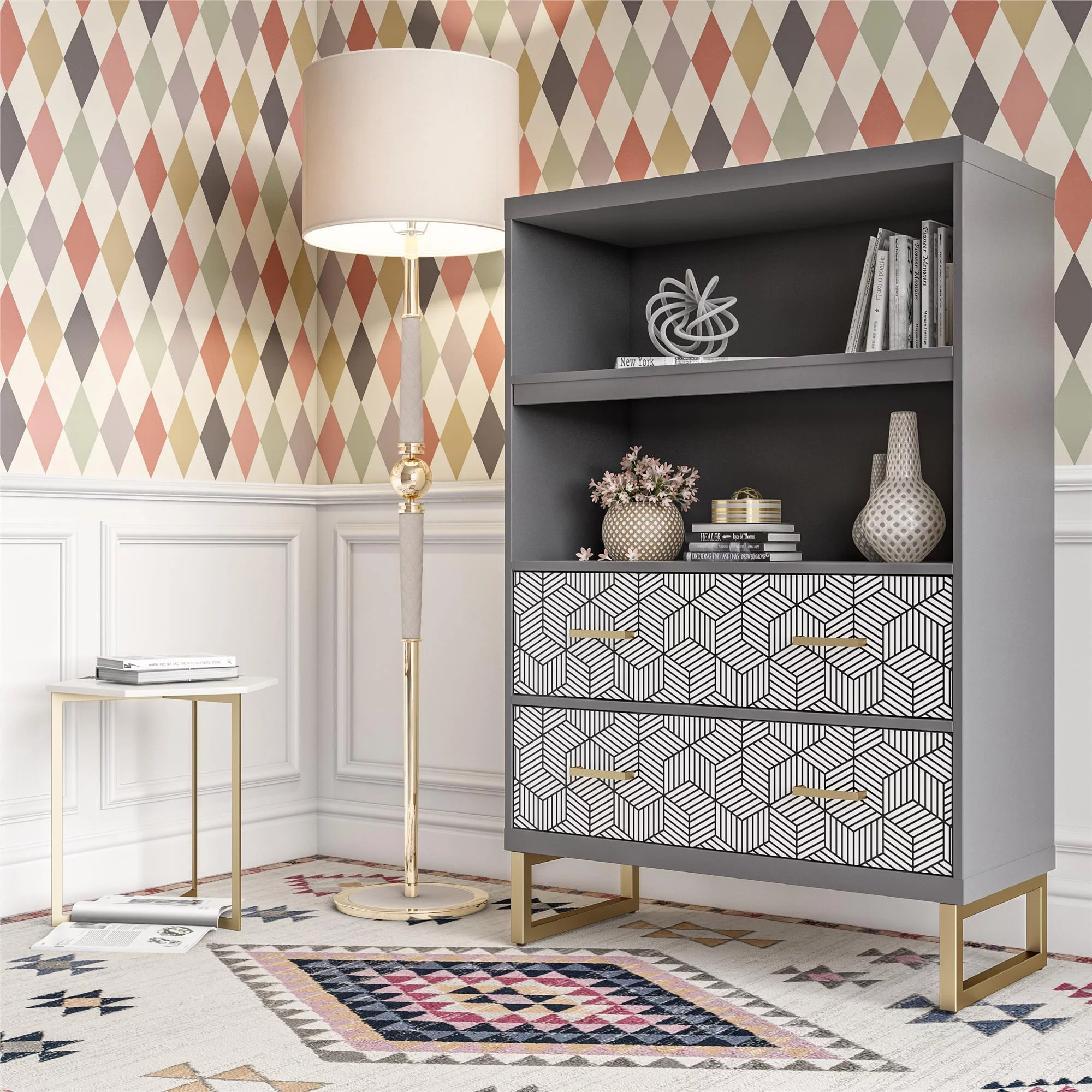 CosmoLiving by Cosmopolitan Scarlett Bookcase with Drawers, Graphite Gray