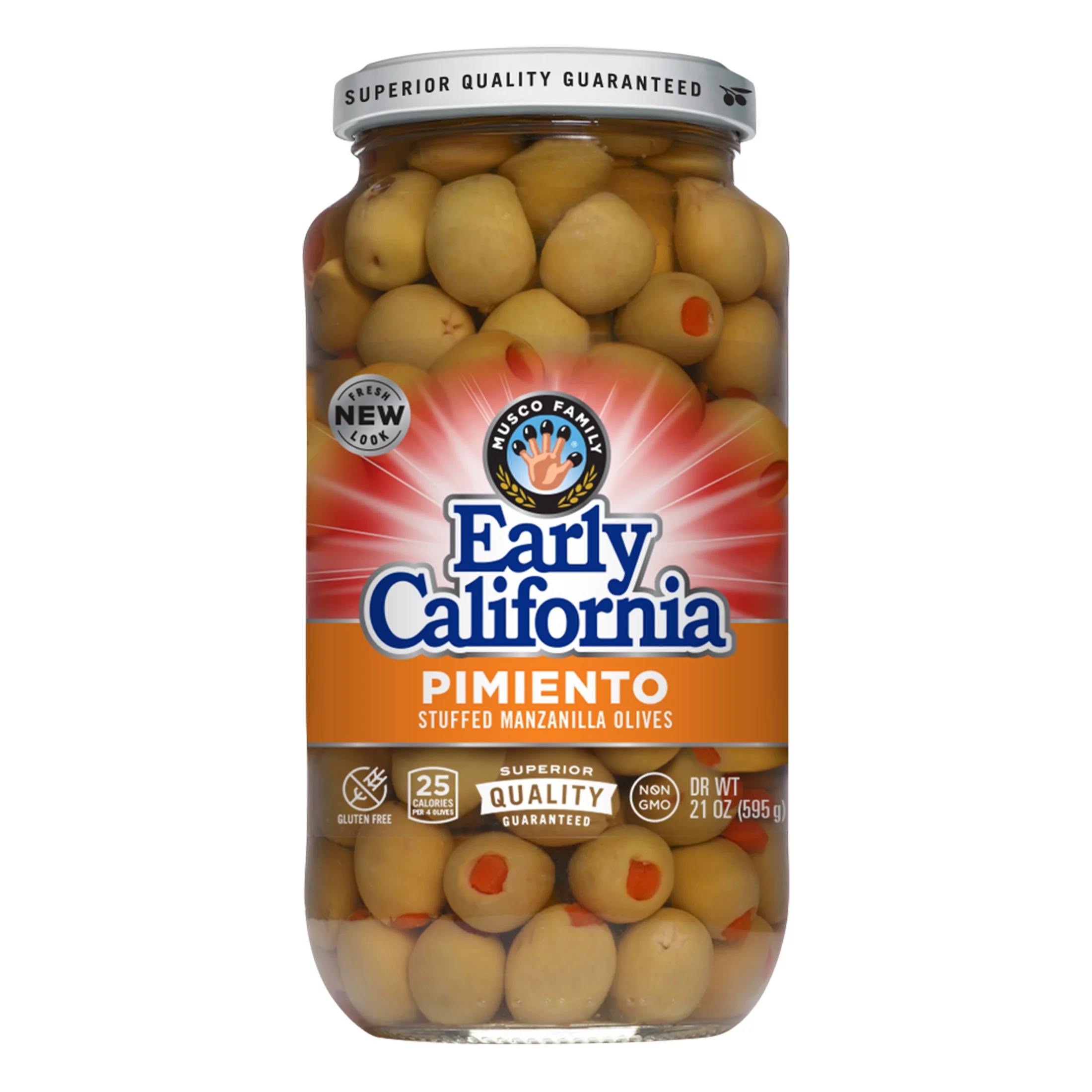 Early California Pimiento Stuffed Manzanilla Olives 21 oz. Jar. Allergens Not Contained. Gluten Free.