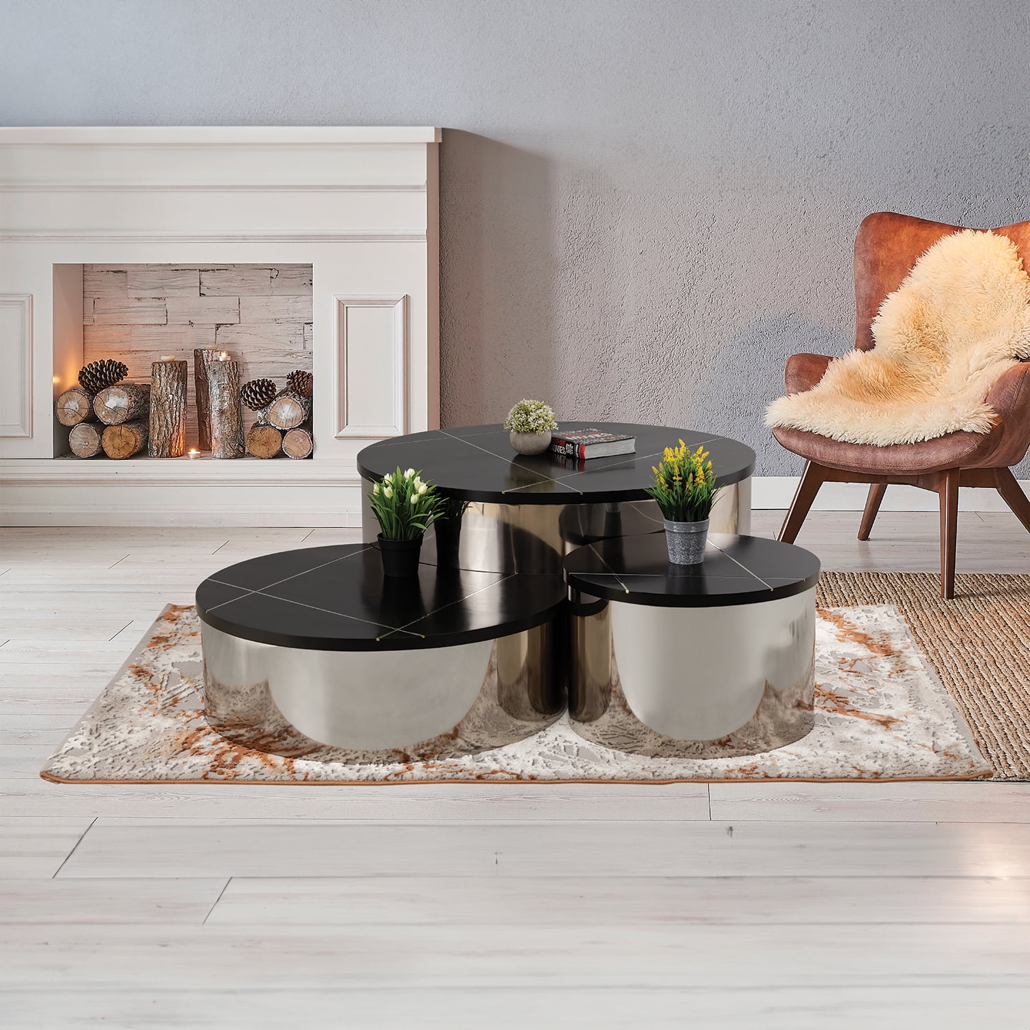 3PC CT805-3 Coffee Table Set made with Stainless Steel & Mango Wood in Silver