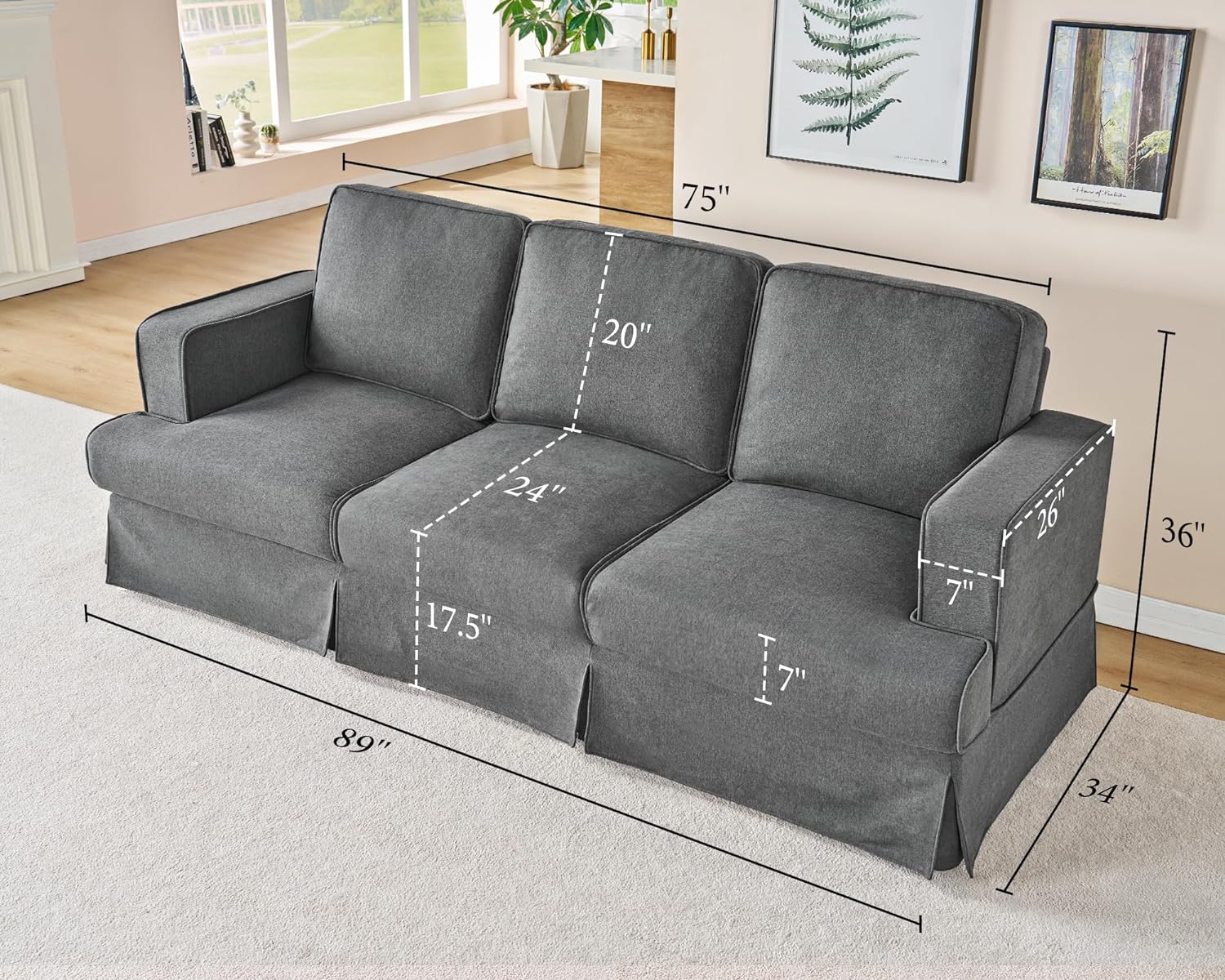 Yunc Modern Sofa, 89 inch Slipcovered Sofa, 3 Seater Sofa Couch for Living Room, Linen Beige Extra Deep Couch