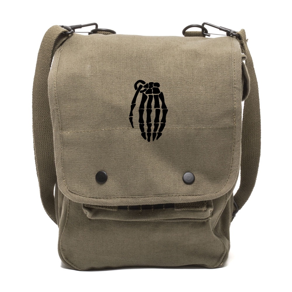 Skeleton Hand Grenade Canvas Crossbody Travel Map Bag Case in Olive & Black