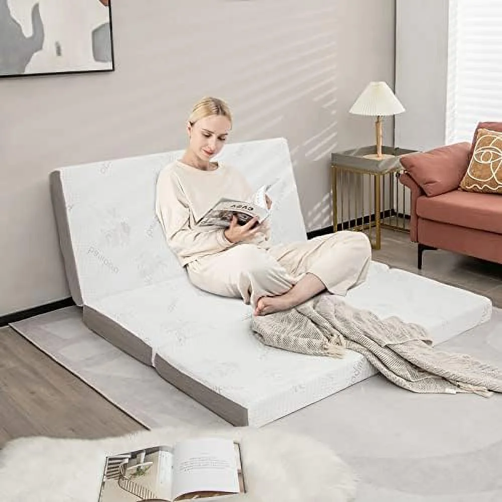 JYHOME Memory Foam Tri-Fold Mattress  4\u201D Foldable Floor Mattress with  Bag & Removable Cover   Memory Mattress with  Fabric for Guest Room  Living Room  RV  Camp (Twin XL)