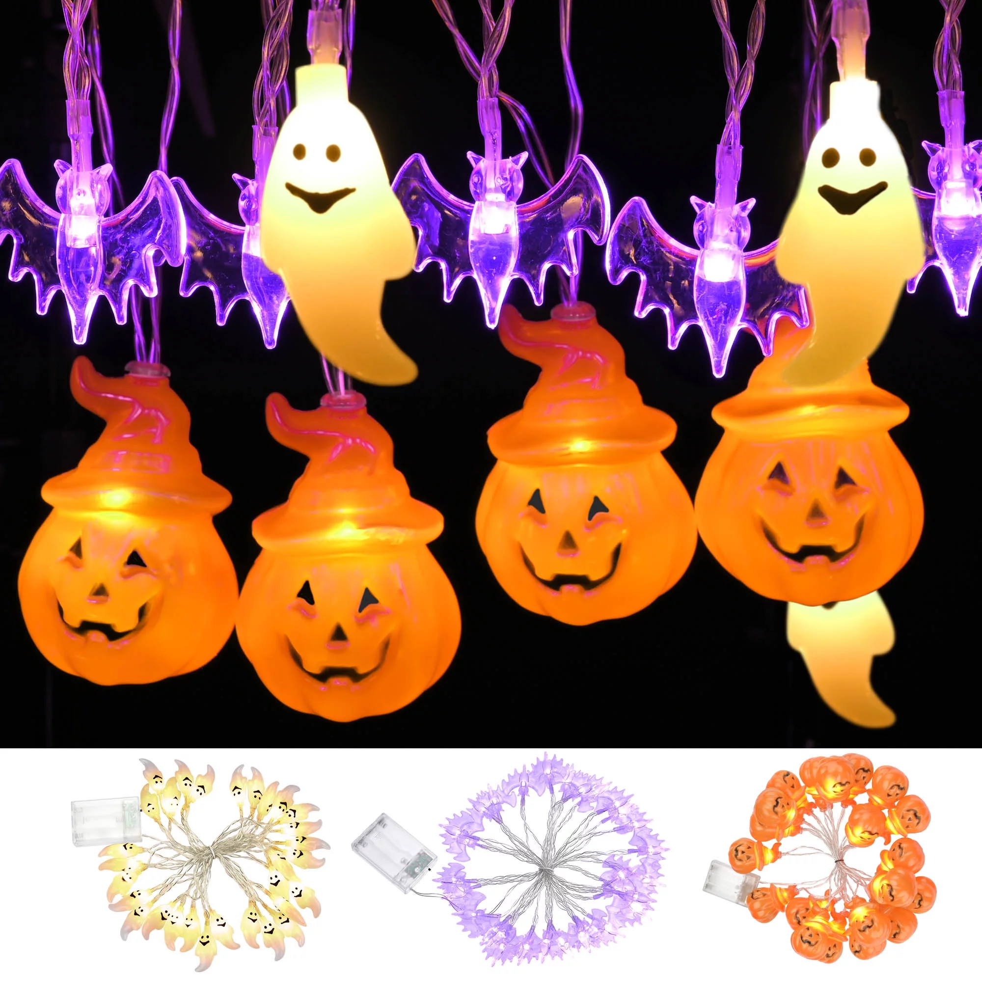 3Pack Halloween String Lights White Ghost Pumpkin Bat LED Fairy Light Xmas Party