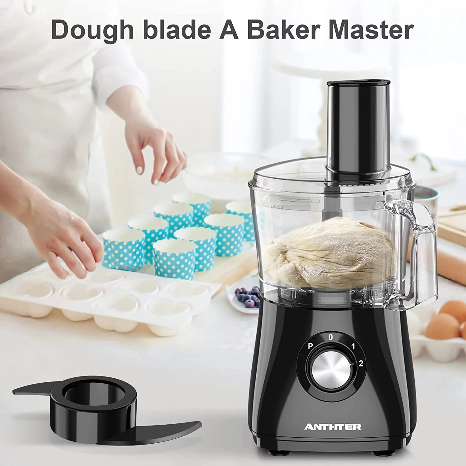 Anthter 600W Professional Food Processor - 7 Cups, Reversible Discs, Blades for Chopping, Slicing, Purees & Dough