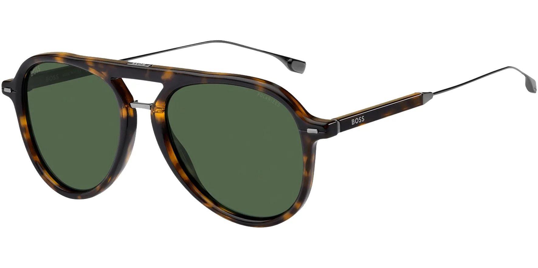BOSS by Hugo Boss Men's Havana Polarized Pilot Sunglasses with Solid Green Tinted Lenses