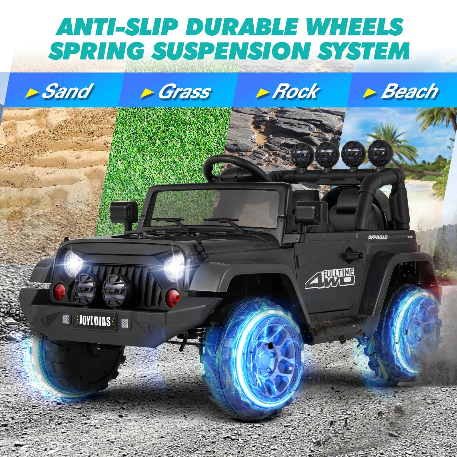 12V Kids Ride On Truck Electric Car with DIY Stickers, Bluetooth, Remote Control, MP3 Player, LED Lights (Black)