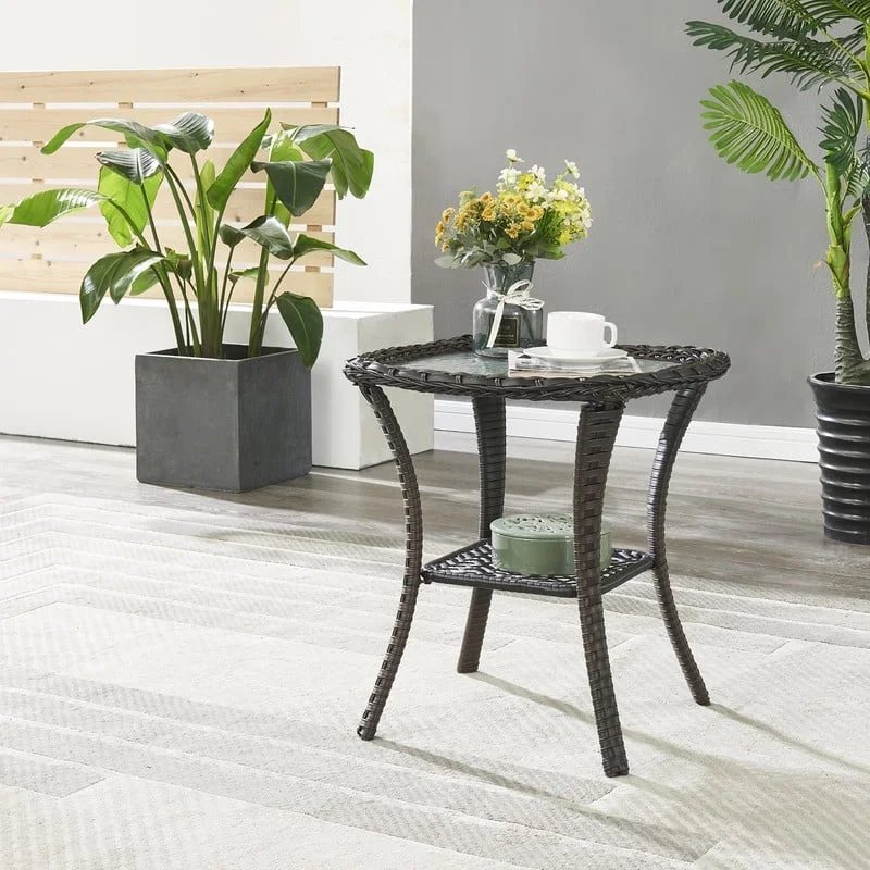 POCASSY Wicker Rattan Side Table With Built-In Glass