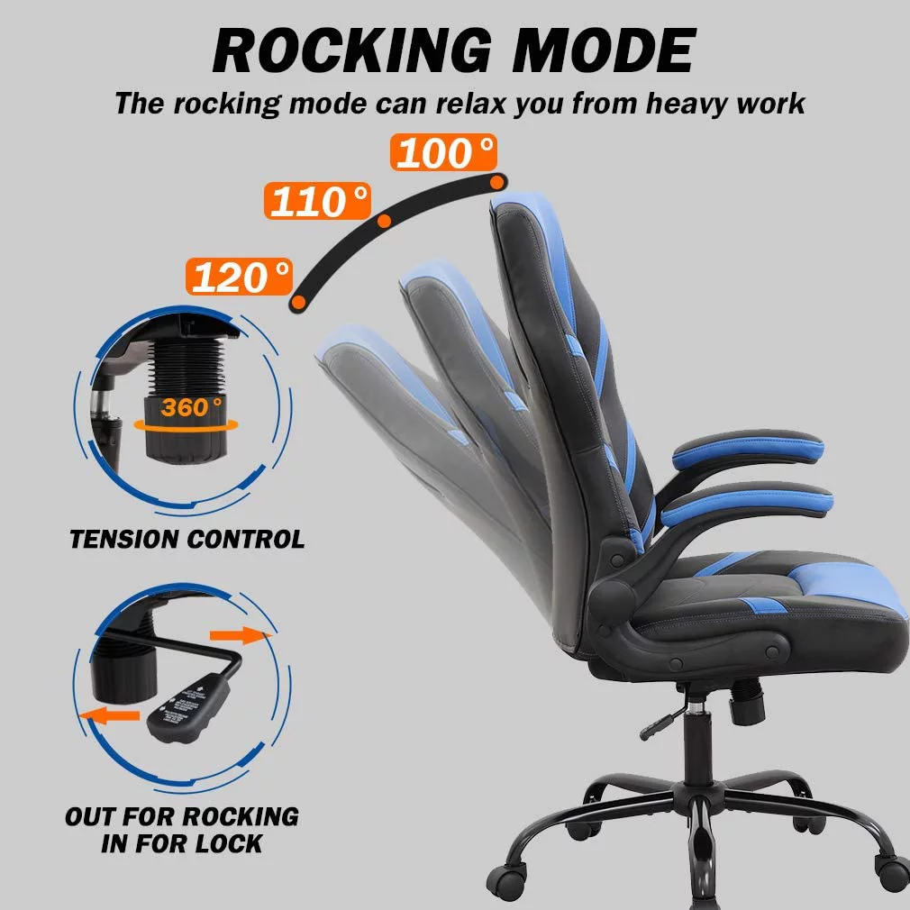 Home Office Chair PC Gaming Chair Adjustable Computer Chair with Lumbar Support PU Leather Rolling Swivel Desk Chair Ergonomic Flip-up Arms E-sport Racing Chair for Men(Blue)