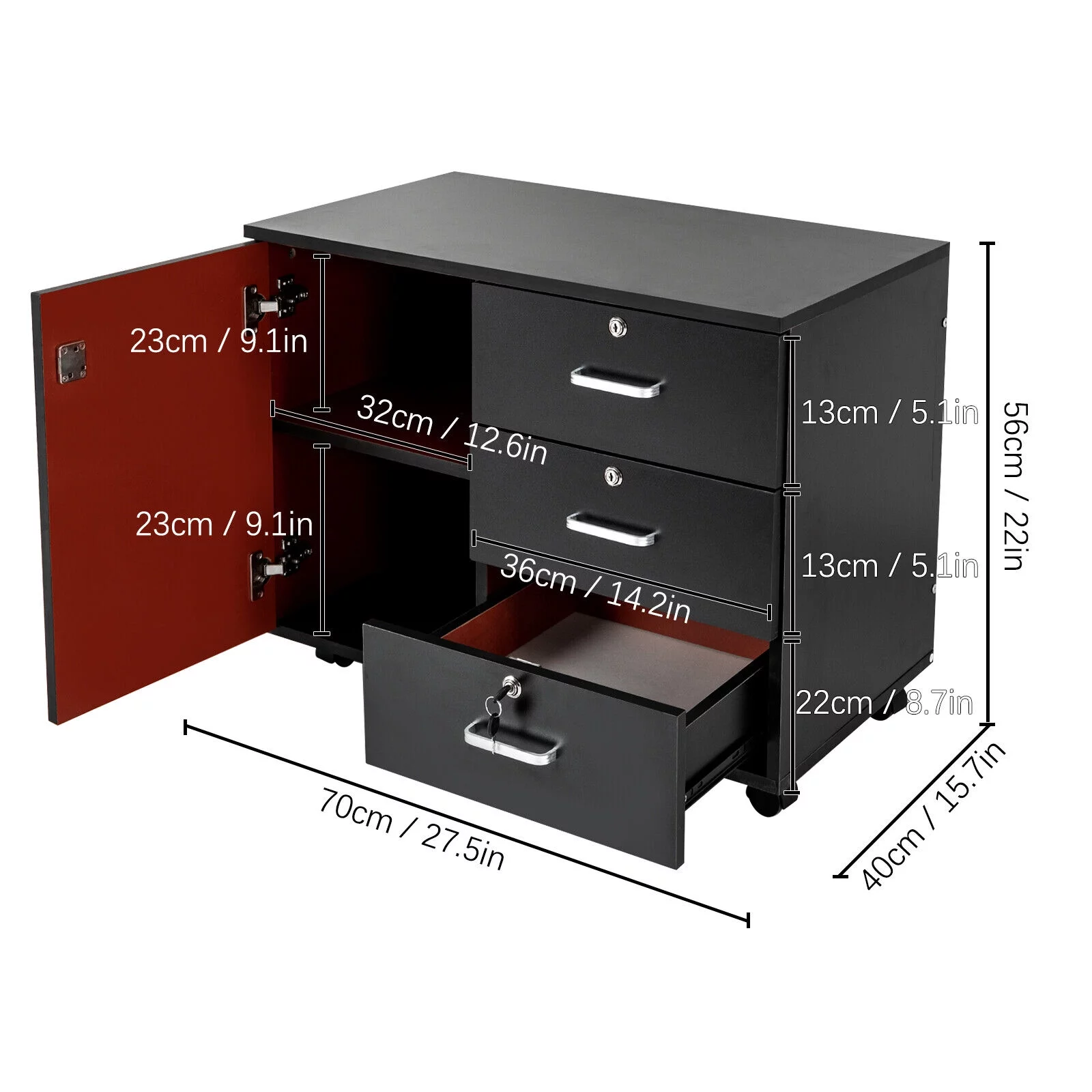 Mobile File Cabinet 3-Drawer Mobile Vertical File Cabinet W/ Lock Mobile Filing Storage Cabinet