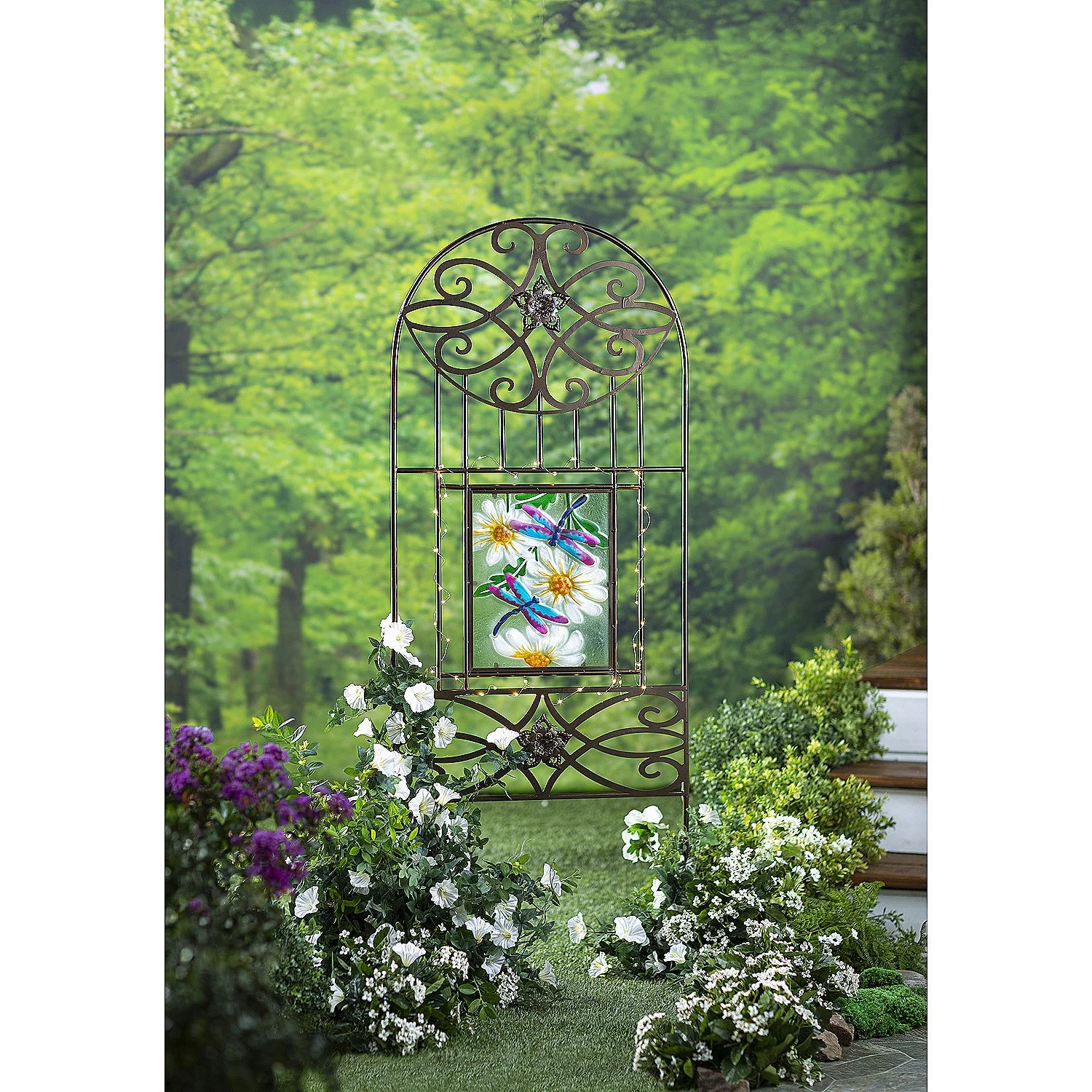 Four Seasons Metal Trellis with Four Painted Glass Inserts and Solar-Powered String Lights