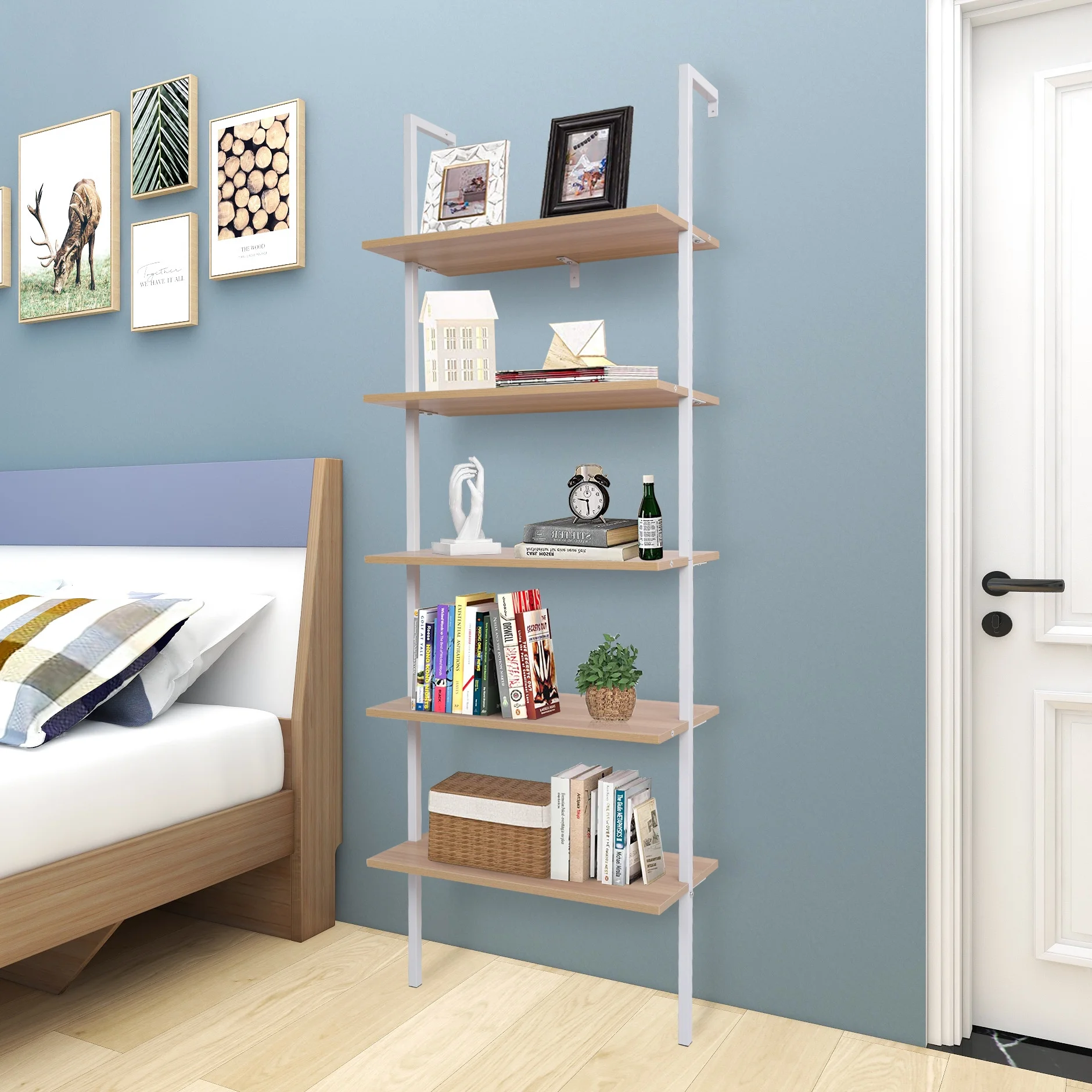 CAIHONG 5-Shelf Wood Modern Bookcase, Open Wall Mount Ladder Bookshelf with Industrial Metal Frame, (23.62 x 11.81 x 70.87)