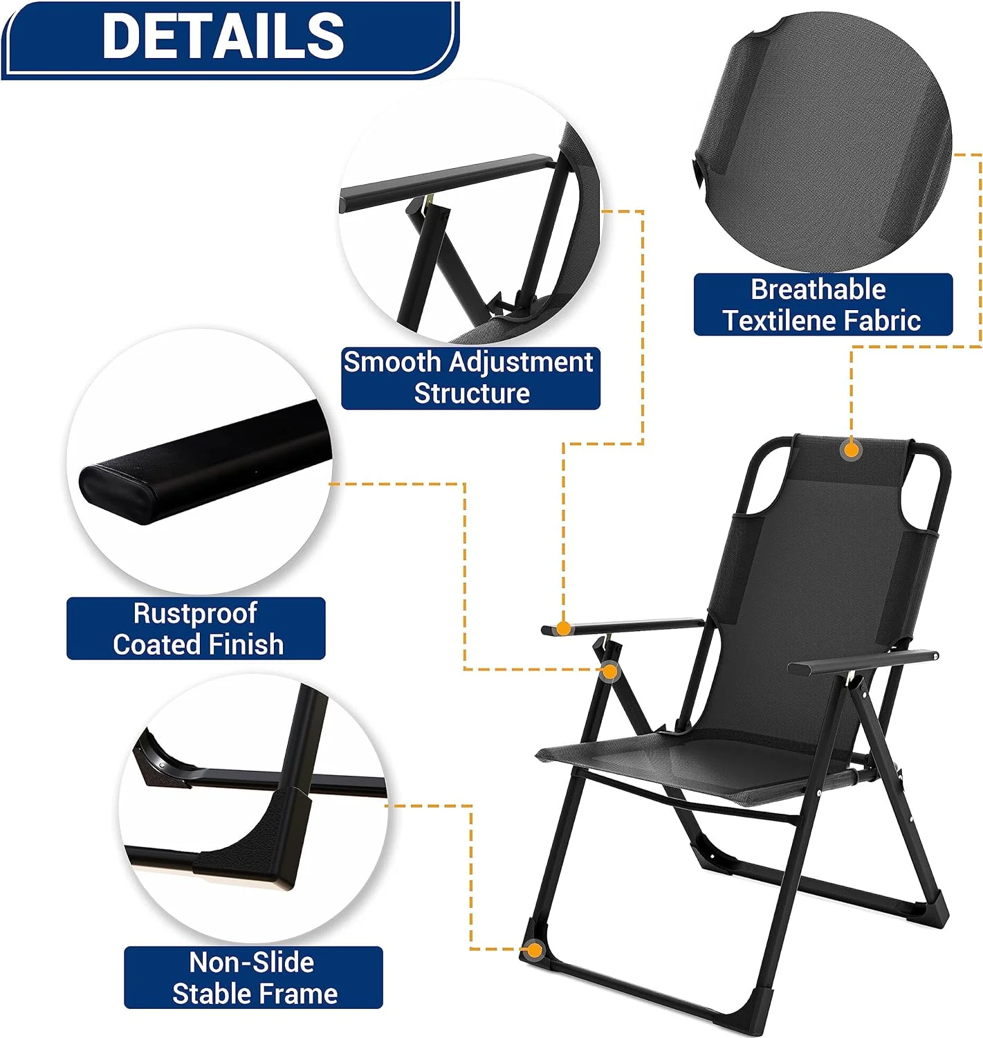 Amopatio Outdoor Folding Patio Sling Chairs Set of 4, Adjustable Recliner for adult, for Outdoor Camping Garden,300LB