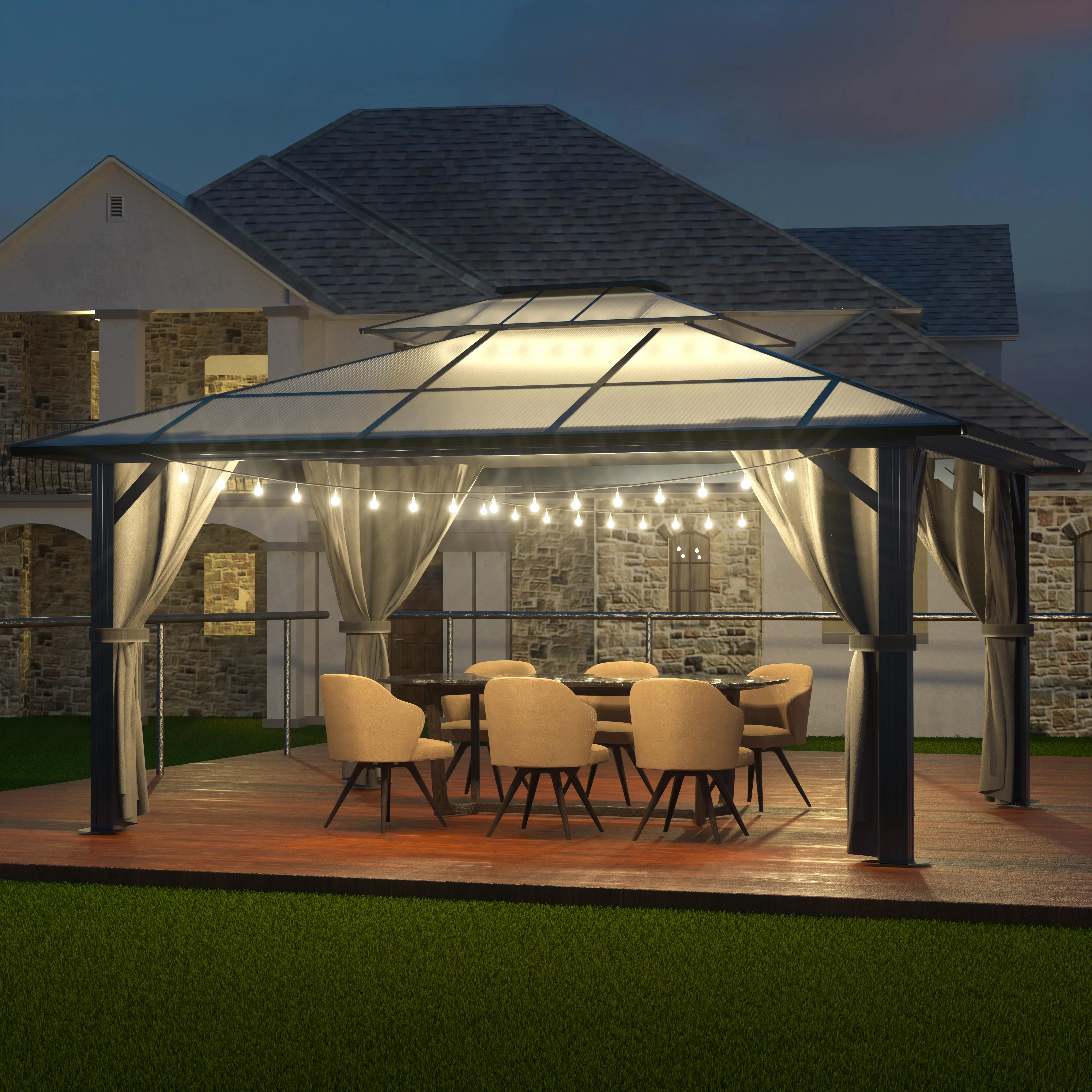 VEIKOUS 10ft x 13ft Outdoor Double Roof Gazebo w/ Netting & Curtains - Aluminum Frame Permanent Pergola for Garden Patio Lawns Parties