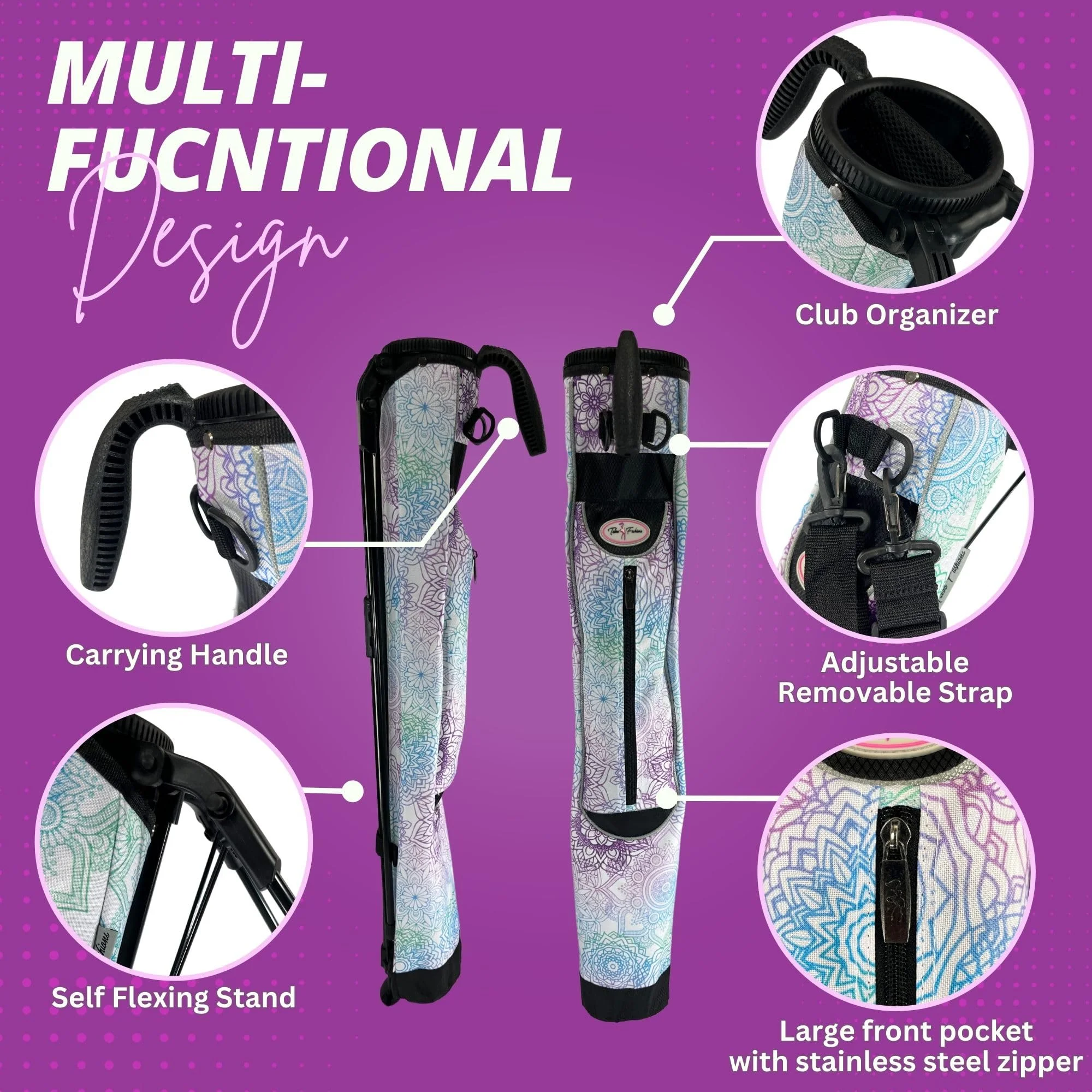 Women's Ultralight Sunday Bag | Taboo Fashions Stand Bag | Range Bag, Par 3, Executive Course | Self Flexing Stand, Adjustable Strap (Mandala Dreams)