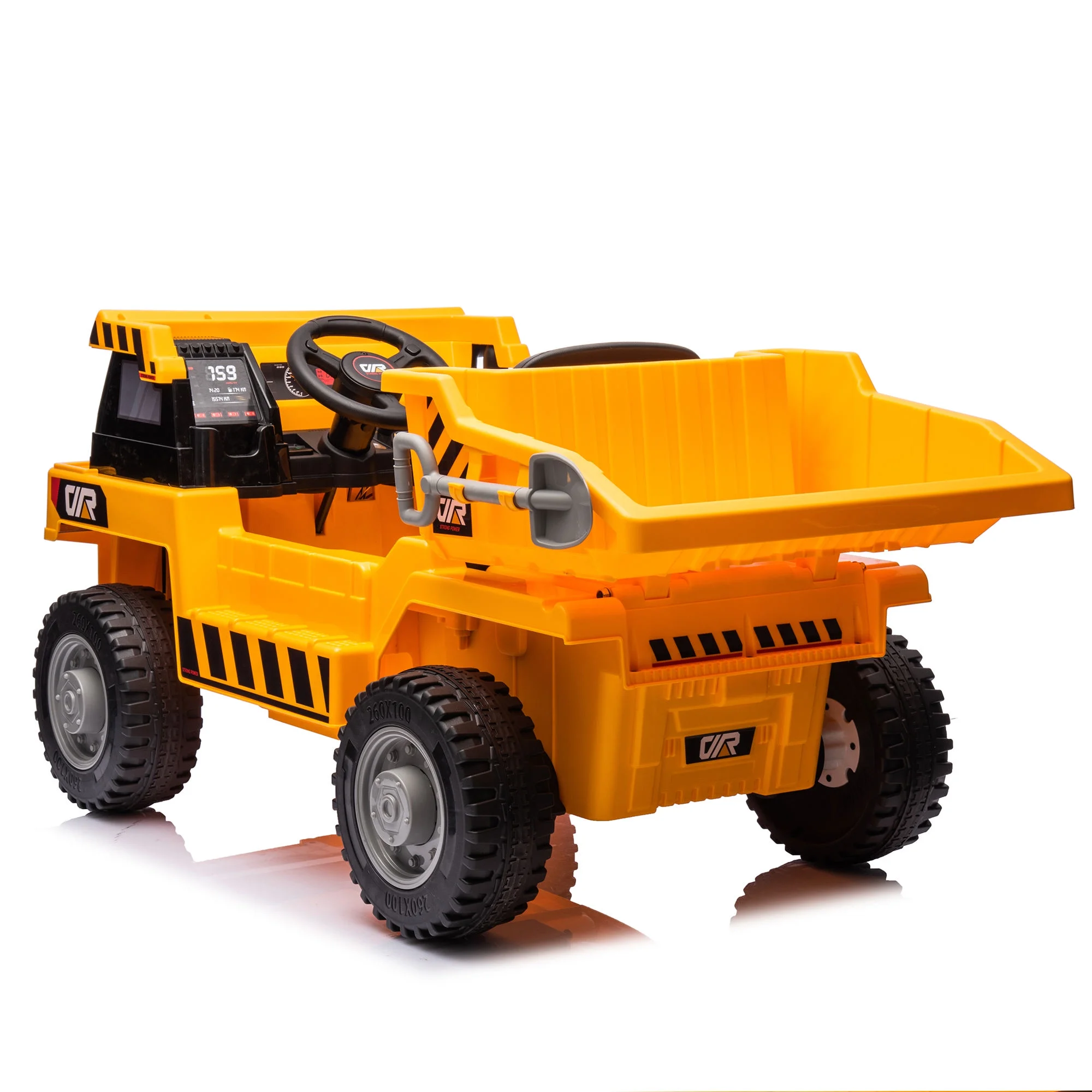 Remote Control Dump Truck, Electric Car for Kids with Electric Dump Bed and Extra Shovel, Music, Seat Belt, Forward/Reverse Function, Front Lights, 12V Ride on Car for Boys Girls - Yellow