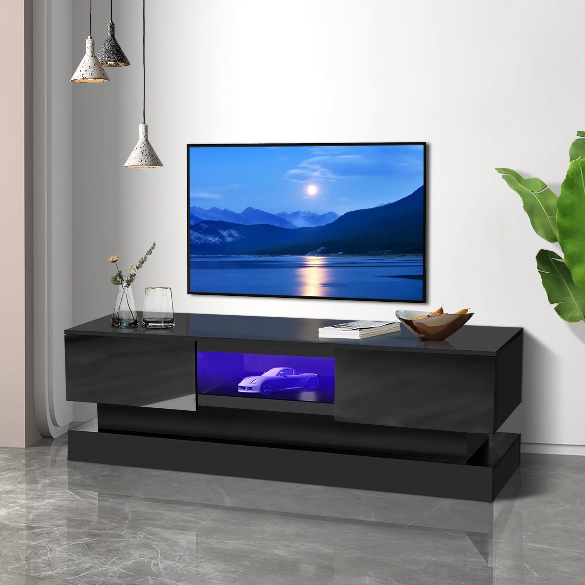 PAPROOS Black TV Stand for 32-55 Inch TV, New Upgraded High Glossy TV Cabinet with 16 Colors LED Lights, Modern TV Console Table with 2 Big Storage Drawers, Living Room Entertainment Center