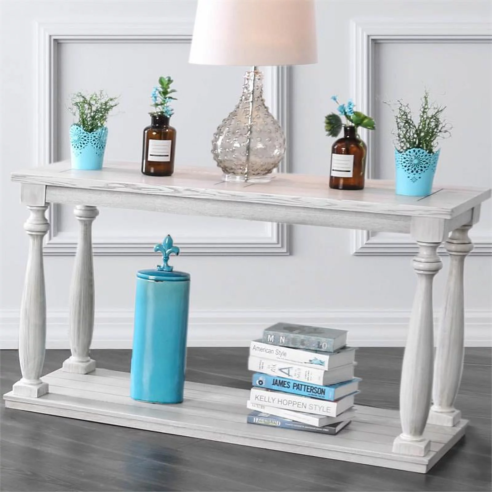 Furniture of America Lynton Rustic Wood Open Shelf Sofa Table in Antique White