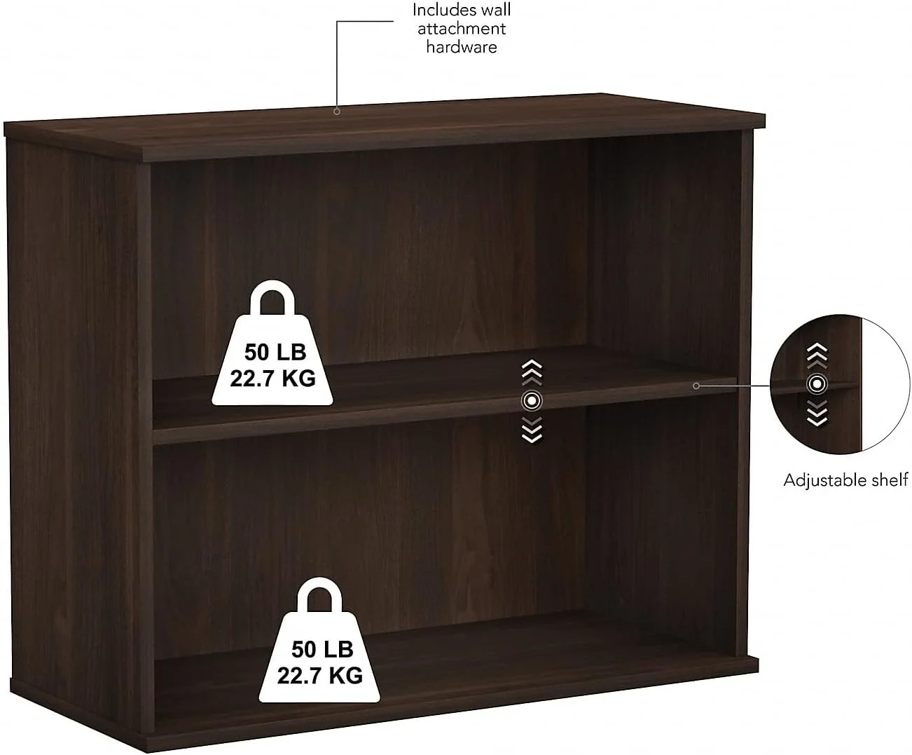 BK3036BW 2-Shelf 29-Inch H Bookcase, Black Walnut