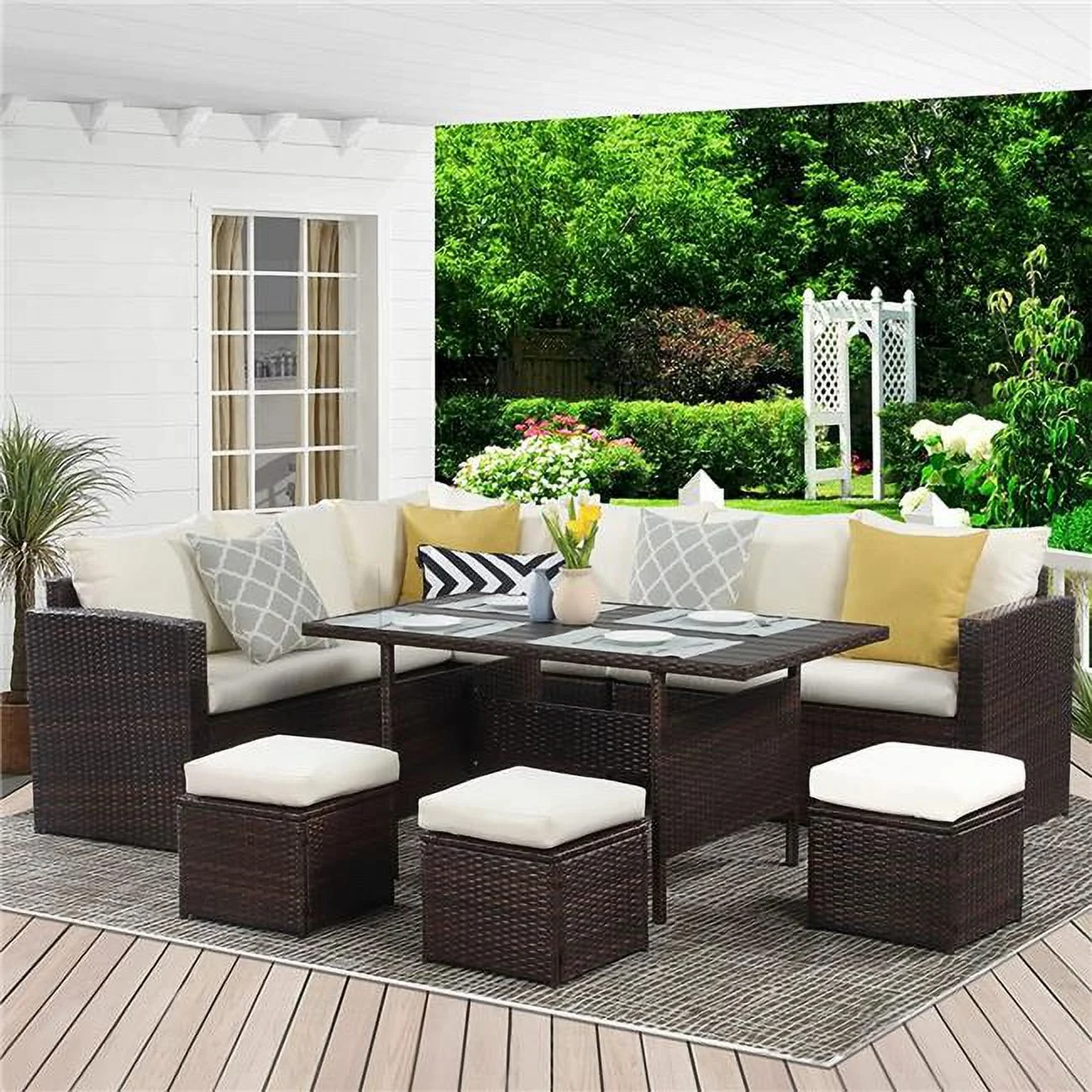 Ouootto  PE Rattan Wicker Patio Dining Sectional Cusions Sofa Set with Brown - 7 Piece