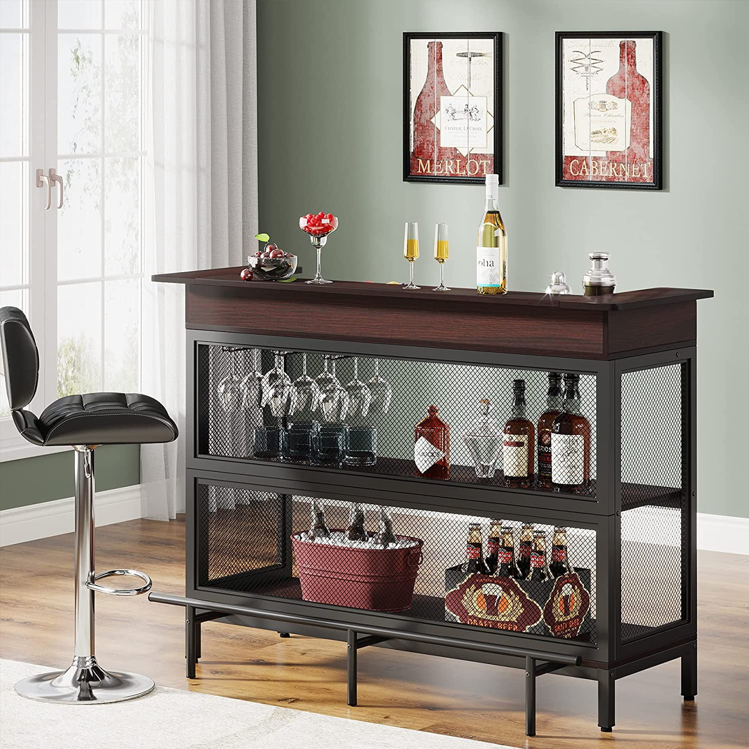 Industrial Home Bar Unit, 3 Tier Liquor Bar Table with Stemware Rack and Wine Storage Display Shelf, Mini Bar Cabinet with Glass Holder Footrest and Mesh Front