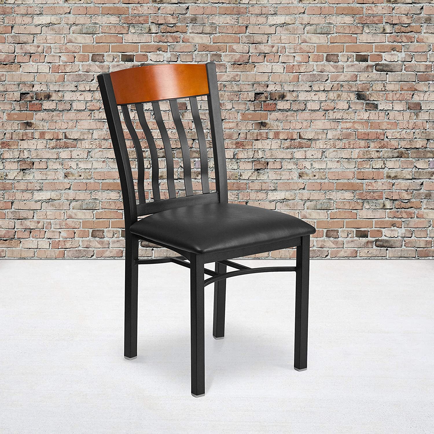 YANPO 2 Pk. Eclipse Series Vertical Back Black Metal and Cherry Wood Restaurant Chair with Black Vinyl Seat