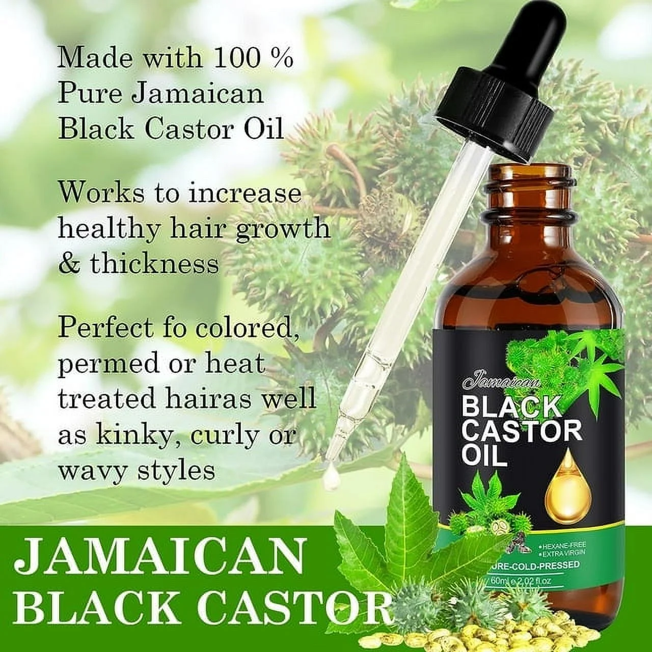 Jamaican Black Castor Oil for Hair Growth 60ml(2.02 fl.oz) Natural Moisturizer for Face, Body & Nails, Carrier Oil for Essential Oils and DIY Beauty - 5pack