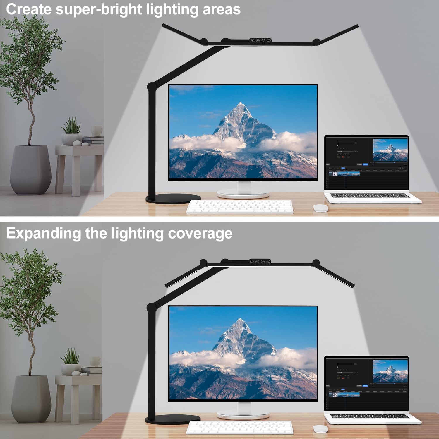 KUANGHENG Architect Desk Lamp with Atmosphere Lighting, Adjustable Led Desk Light for Home Office with Base, 24W Bright Auto Dimming Table Light with Rotatable Swing Arm for Workbench Computer
