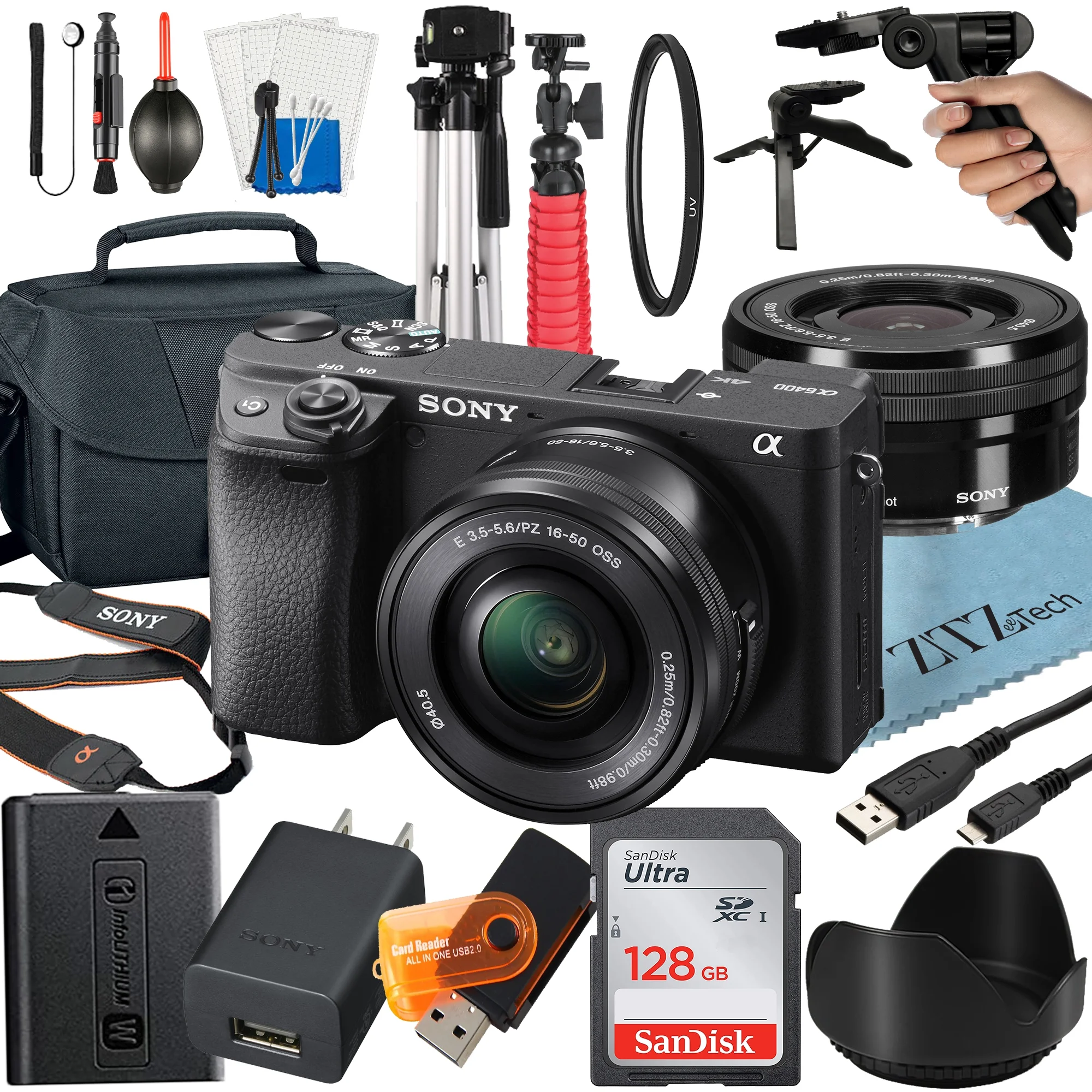 Sony a6400 Mirrorless Camera with E PZ 16-50mm OSS Lens, 128GB SanDisk Card, ZeeTech Accessory Bundle