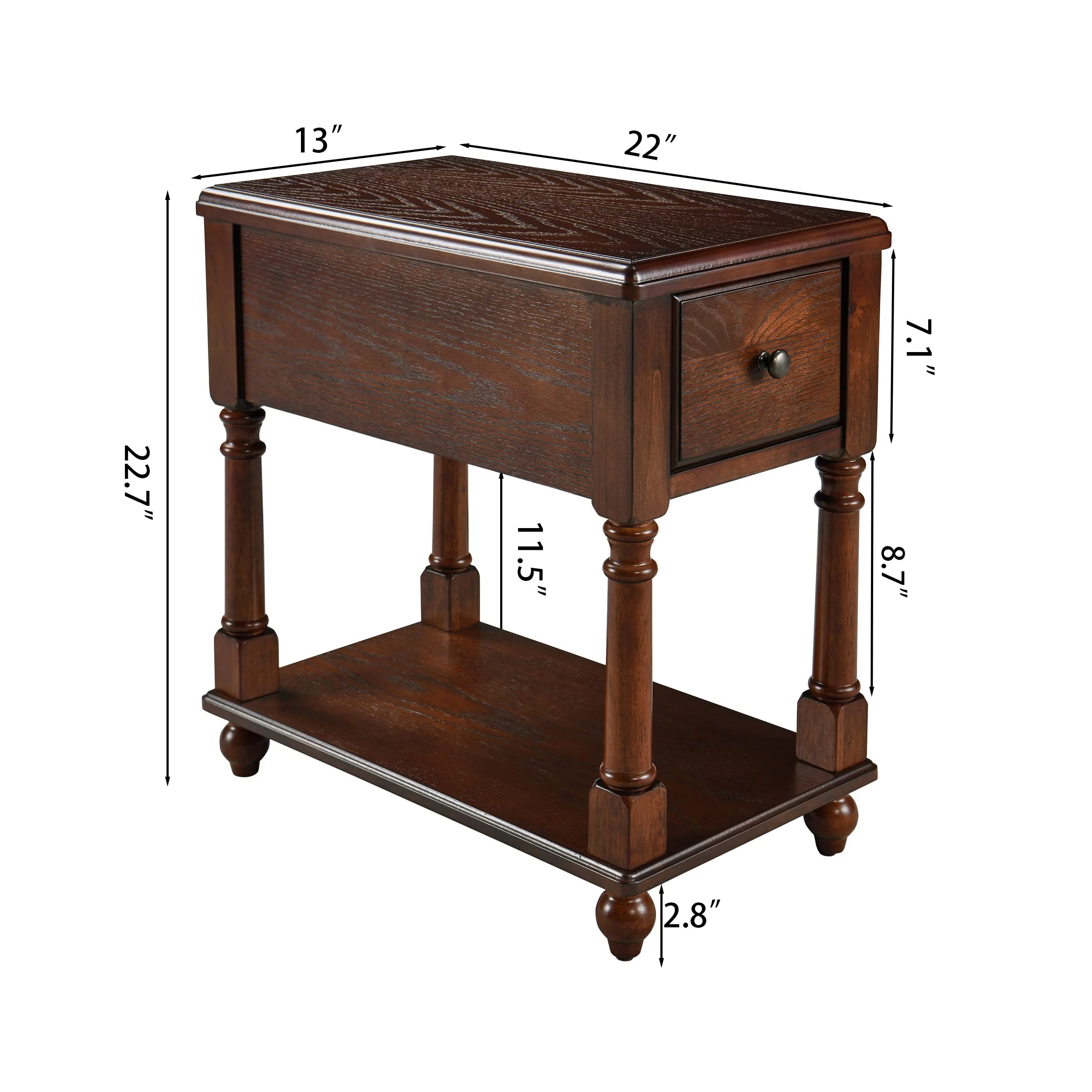 JESONVID Narrow Open End Table with Drawer, Solid Wood Side Table 2-Tier Skinny Table with Storage Shelves Slim Nightstand Small Sofa End Table for Living Room Bedroom-Mahogany 004DWA