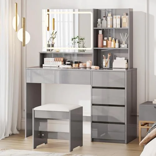 xrboomlife 45" High Gloss Vanity Desk with Large Lighted Mirror   Vanity Table Set with Multiple Drawers & Tiers  3 Color Modes Glass Mirror    Cabinet with Hidden Handles  White