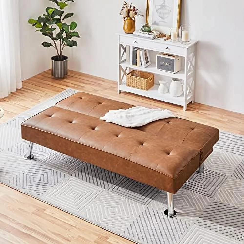 RSJIWOGZ Convertible Sofa Couch Futon Bed Faux Leather Sofa Bed Sleeper Adjustable Loveseat Futon Couch Living Room  with Chrome Metal Legs  Brown