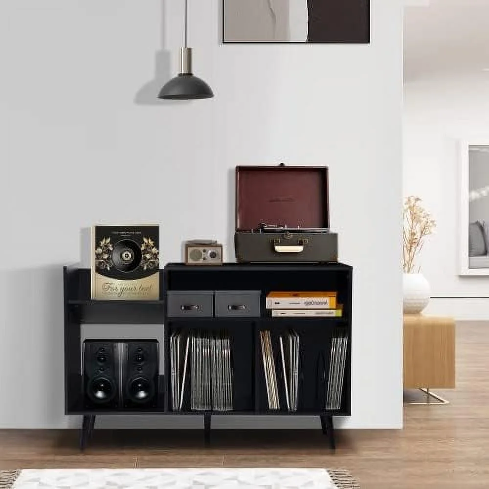 YPDCHB Record Player Stand  Mid-Century Modern Vinyl Record  Cabinet Table with Wood Legs  Turntable Stand Record Holder Holds Up to 300 Albums for Living Room  Bedroom
