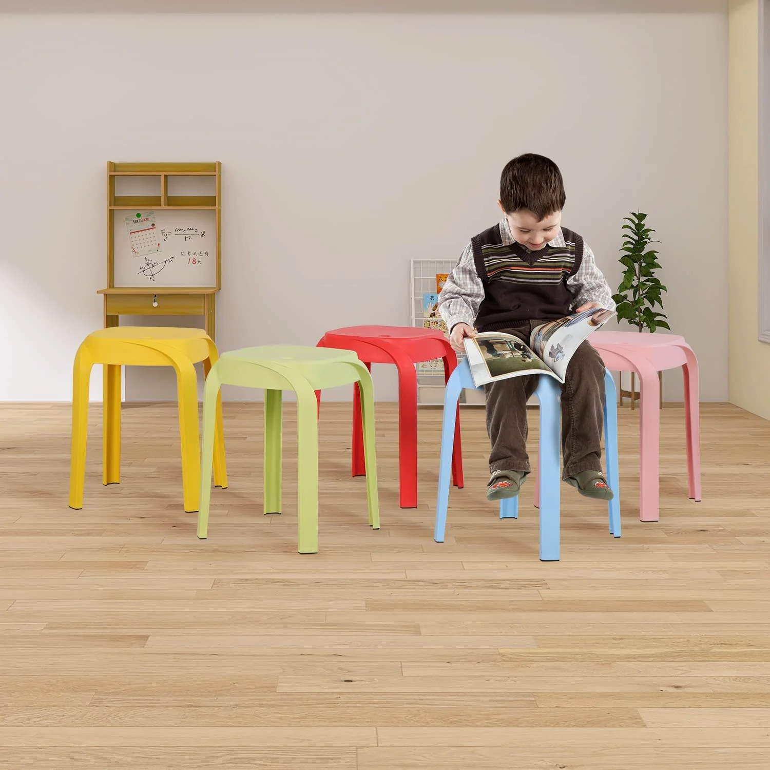 17 Inch Plastic Stack Stools 5 Pack - Portable Stacking Chairs Backless Bar Stool for Kids, Flexible Seating Decorative Stools for Classroom School Home Office Students (Assorted Color)