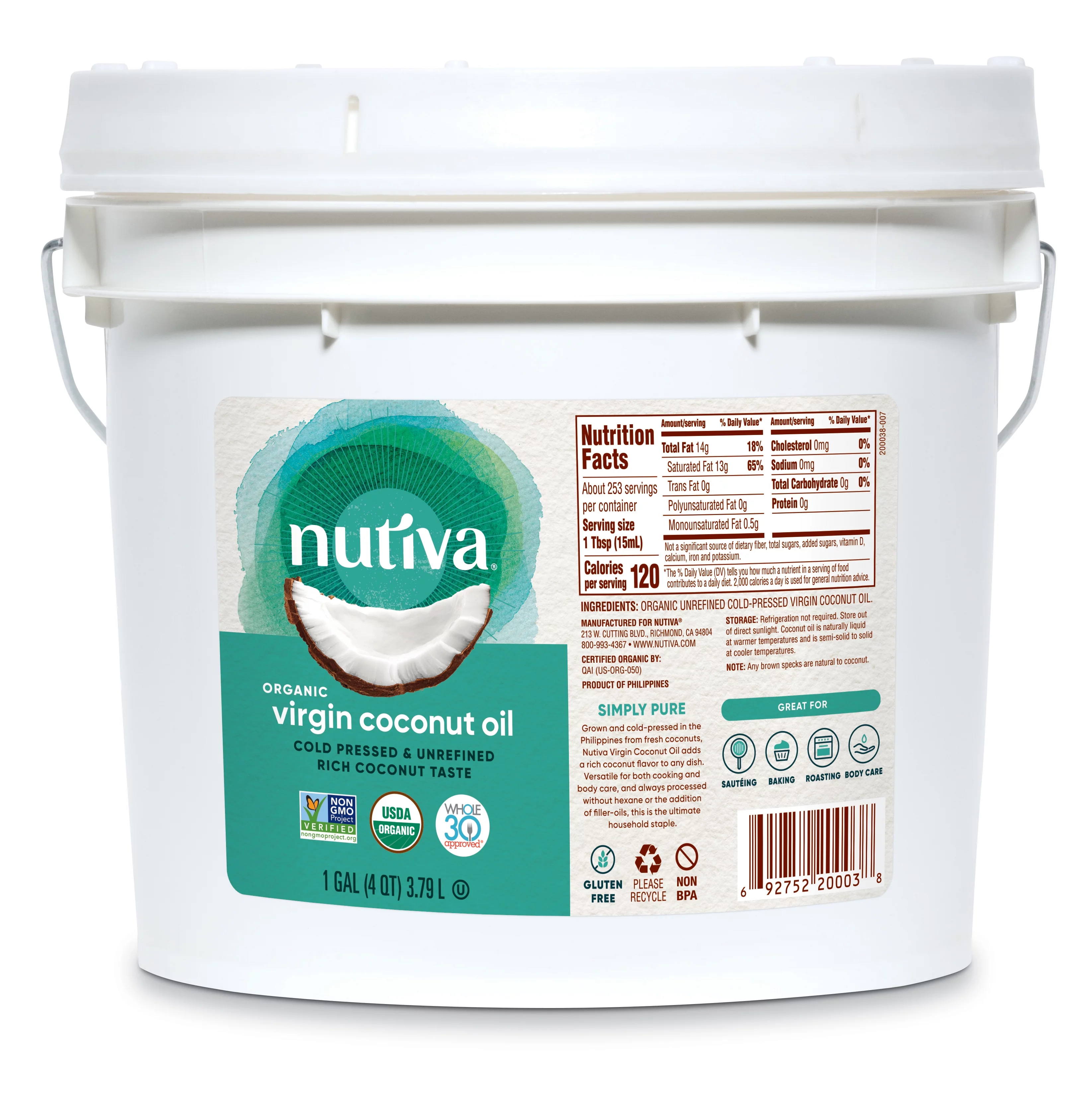 Nutiva Organic, Cold-Pressed, Unrefined, Virgin Coconut Oil from Fresh, non-GMO, Sustainably Farmed Coconuts, 1-gallon