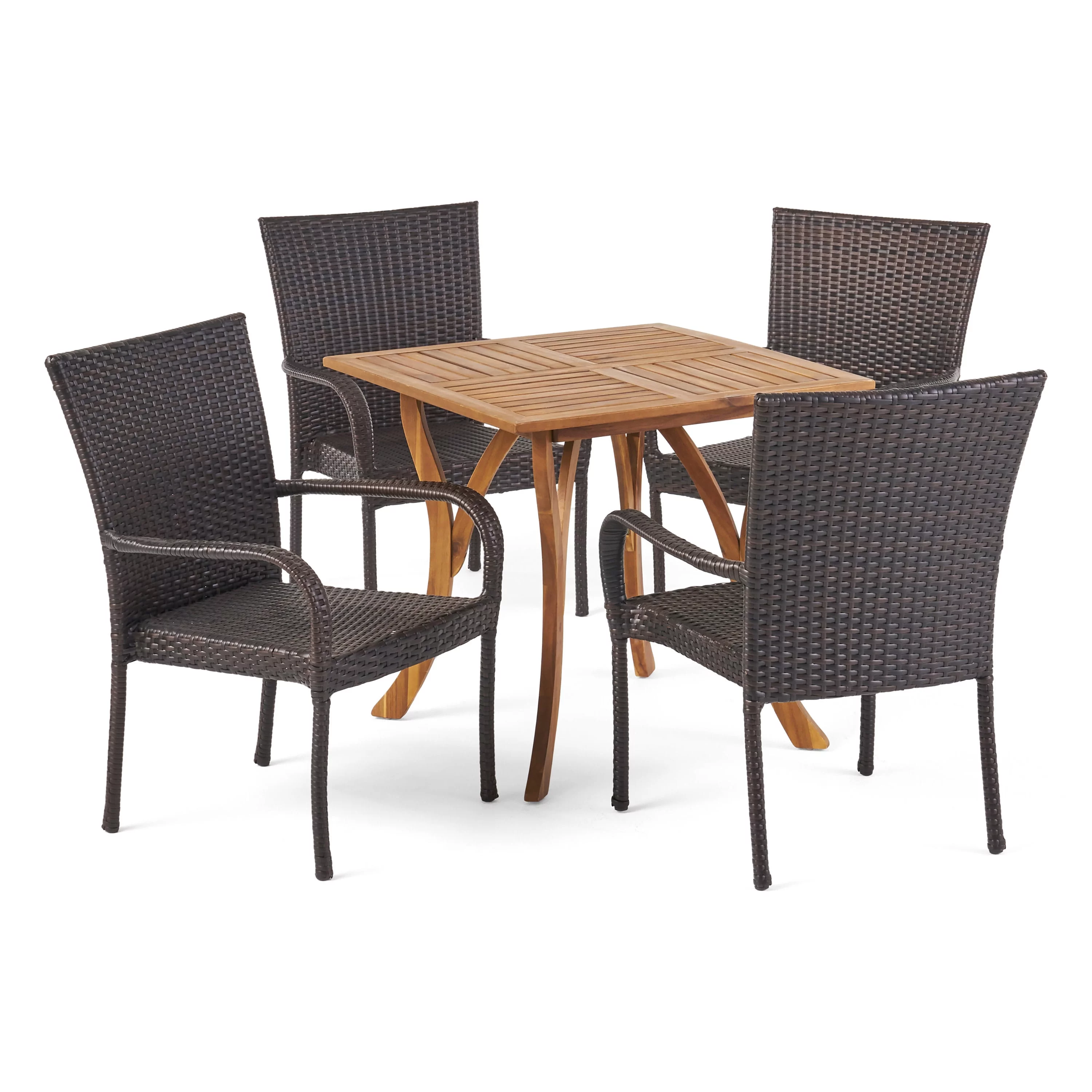 GDF Studio Caren Outdoor Acacia Wood and Wicker 5 Piece Dining Set, Teak and Multibrown