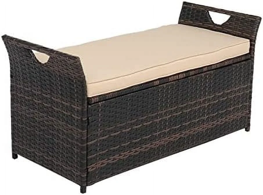 GVJMTKP Outdoor  Box  Patio Rattan  Bench with Cushion for Backyard  Balcony  Poolside  Garden (Gray)